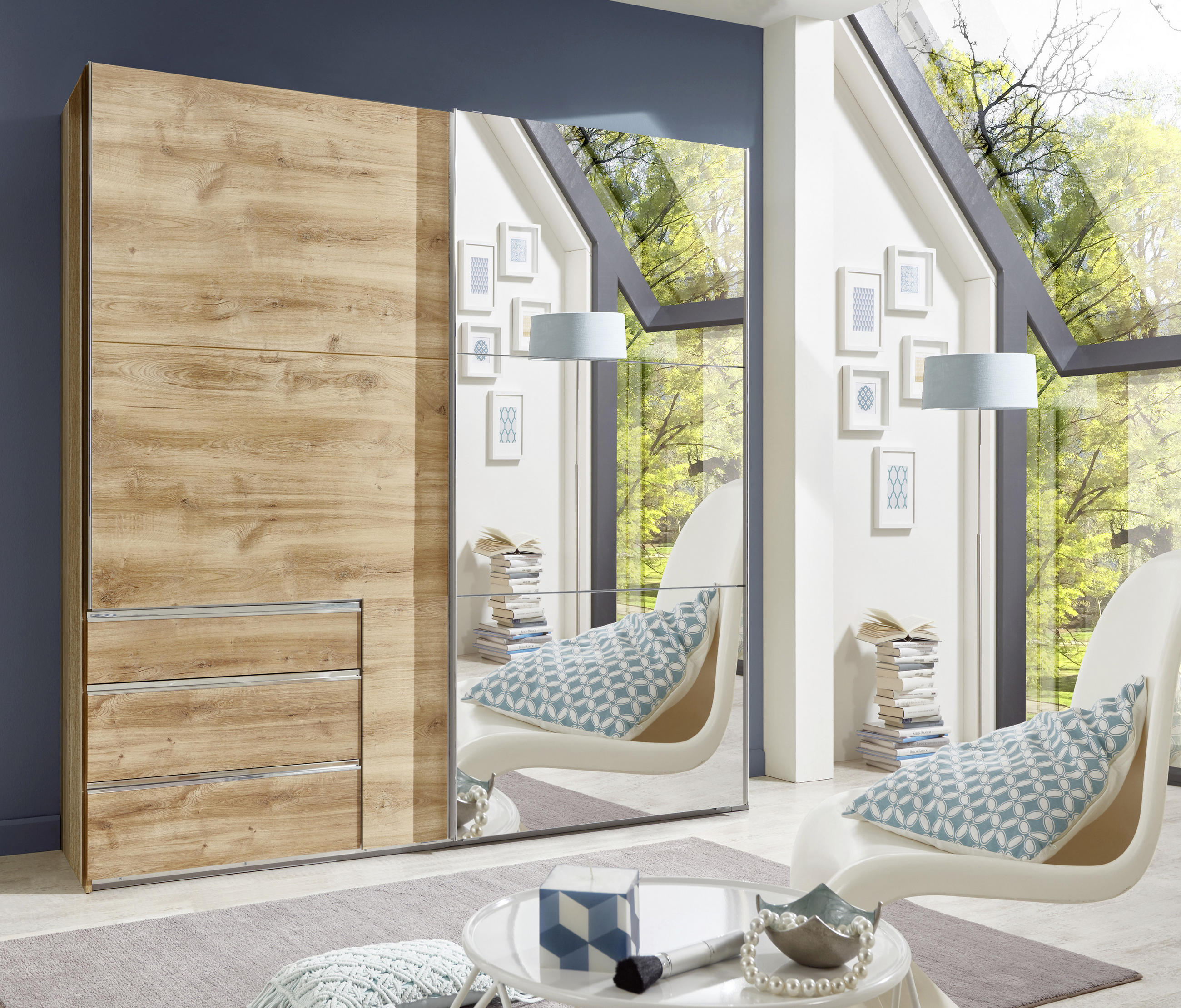 SCHWEBETÜRENSCHRANK in Eichefarben  - Chromfarben/Eichefarben, Modern, Glas/Holzwerkstoff (250/216/65cm) - MID.YOU