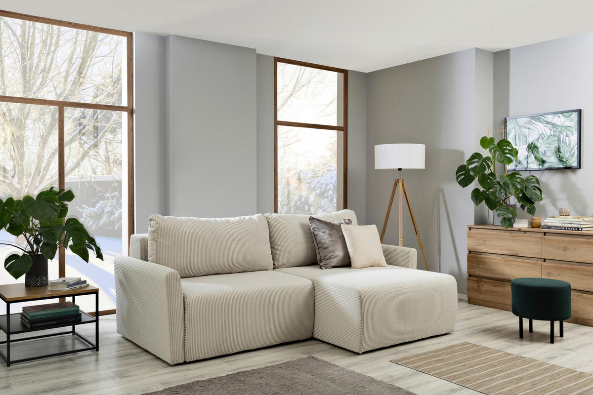 ECKSOFA in Cord Weiss  - Weiss/Schwarz, Konventionell, Kunststoff/Textil (228/146cm) - MID.YOU