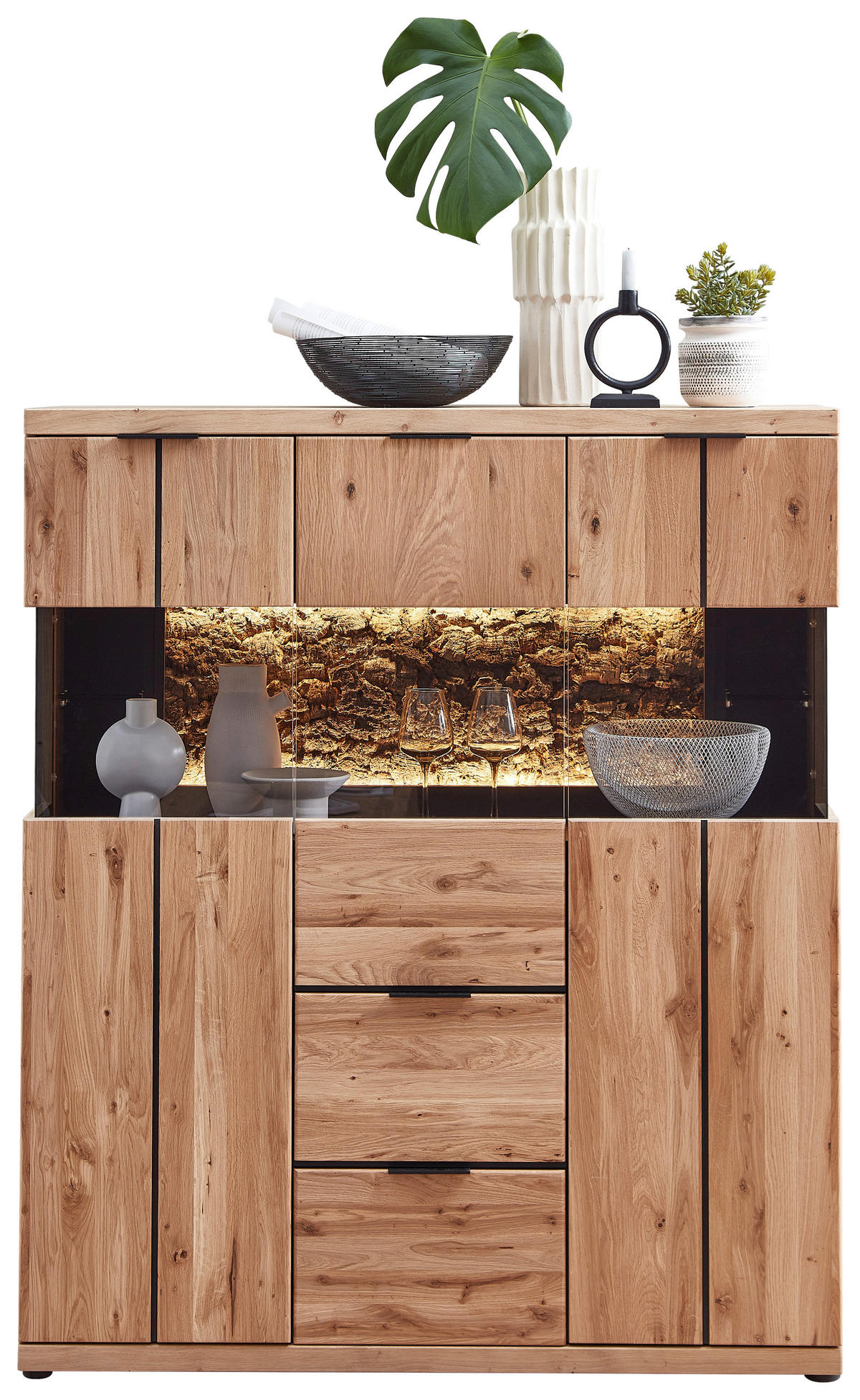 HIGHBOARD Schwarz, Wildeiche  122/144/42 cm  - Wildeiche/Schwarz, Natur, Glas/Holz (122/144/42cm) - Linea Natura
