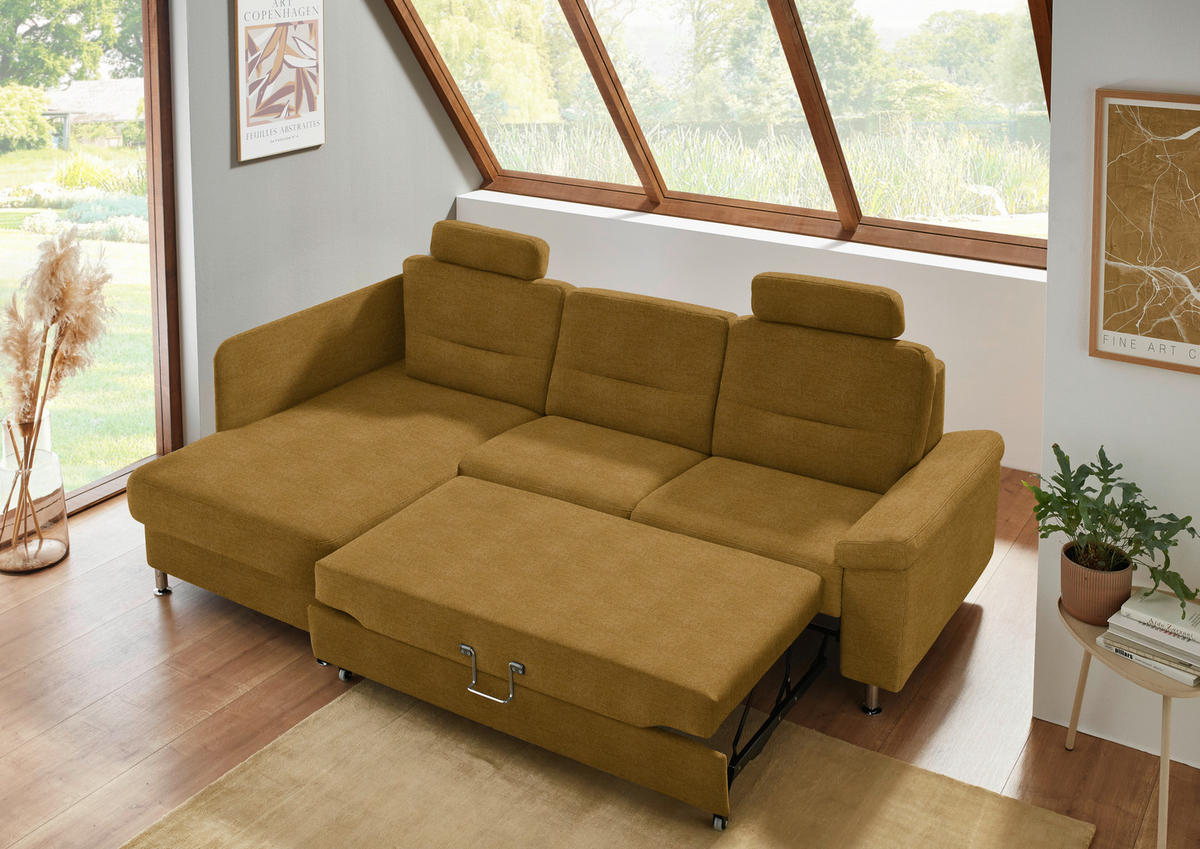 ECKSOFA Flachgewebe Currygelb  - Currygelb/Alufarben, Konventionell, Textil/Metall (160/244cm) - Beldomo Comfort