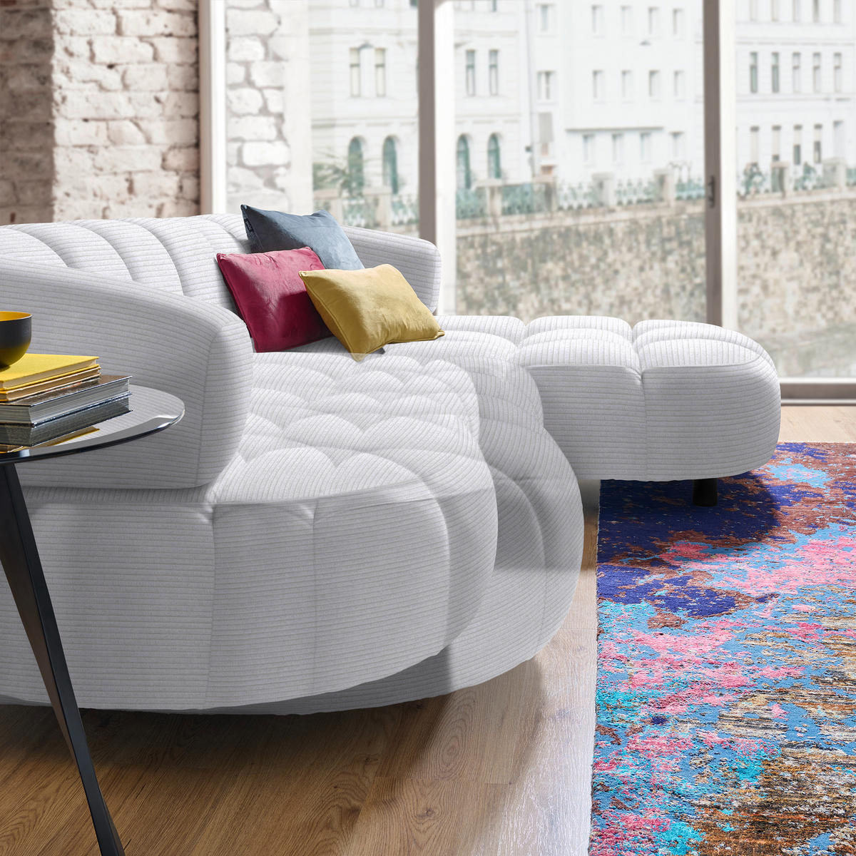 ECKSOFA in Cord, Velours Silberfarben  - Silberfarben/Schwarz, Design, Holz/Textil (284/183cm) - Welnova