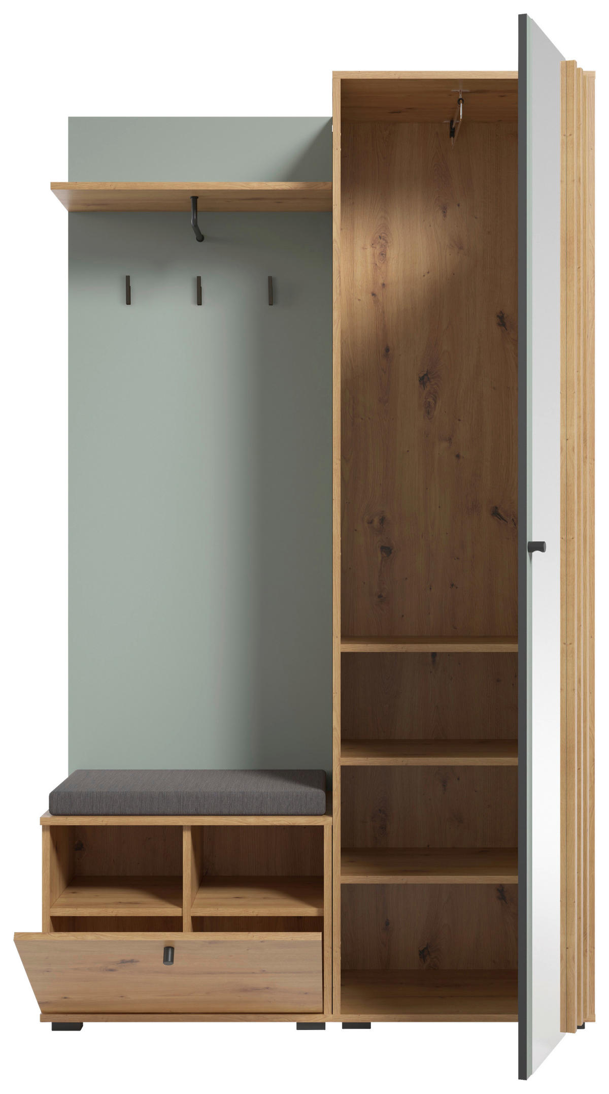 GARDEROBE 5-teilig  in 114/197/40 cm  - Salbeigrün/Eiche Artisan, Design, Glas/Holzwerkstoff (114/197/40cm) - Xora