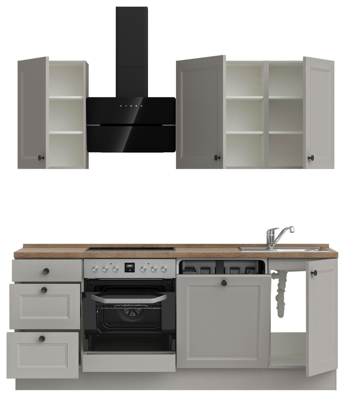 KÜCHENBLOCK 210 cm   in Grau, Eiche dunkel  - Eiche dunkel/Schwarz, MODERN, Holzwerkstoff/Metall (210cm) - Nobilia
