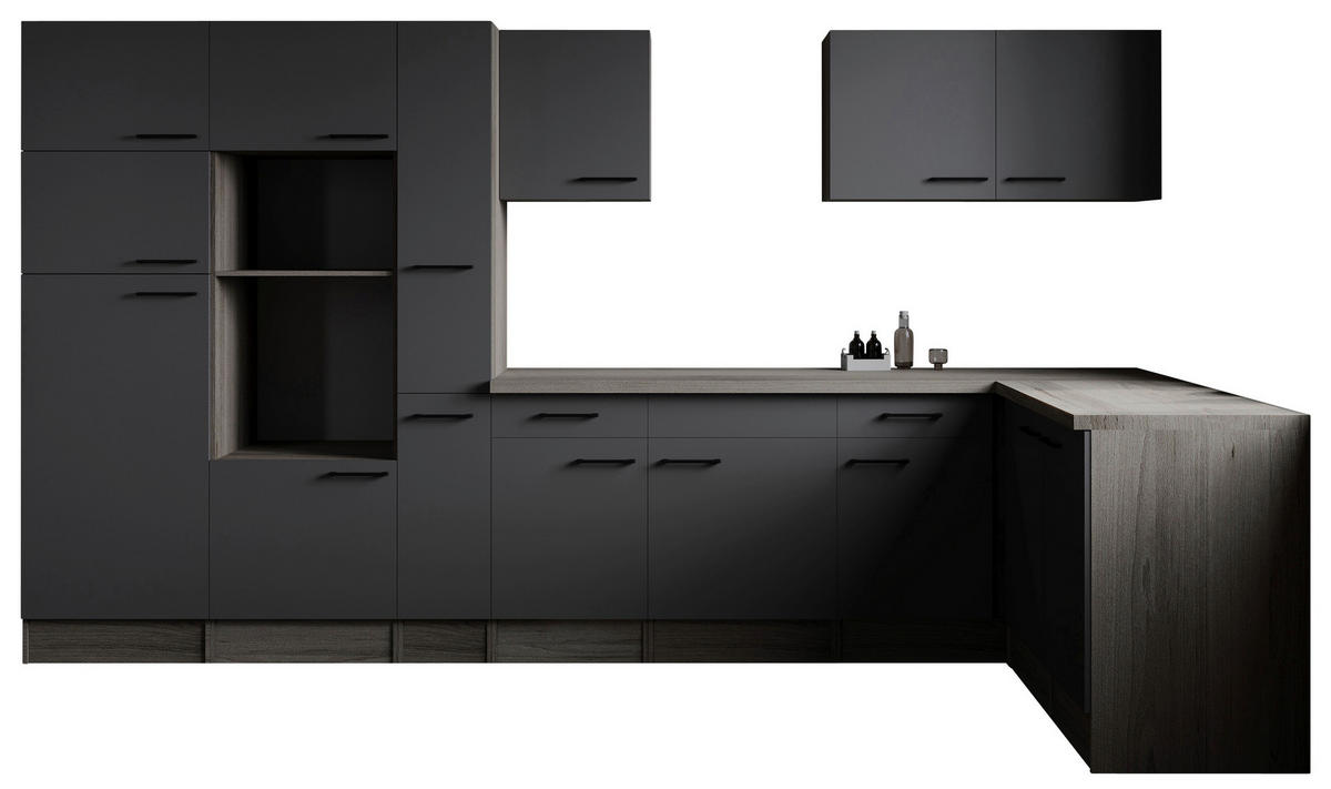 ECKKÜCHE 370/172 cm  in Grau, Eichefarben  - Eichefarben/Schwarz, Design, Holzwerkstoff/Metall (370/172cm) - Respekta