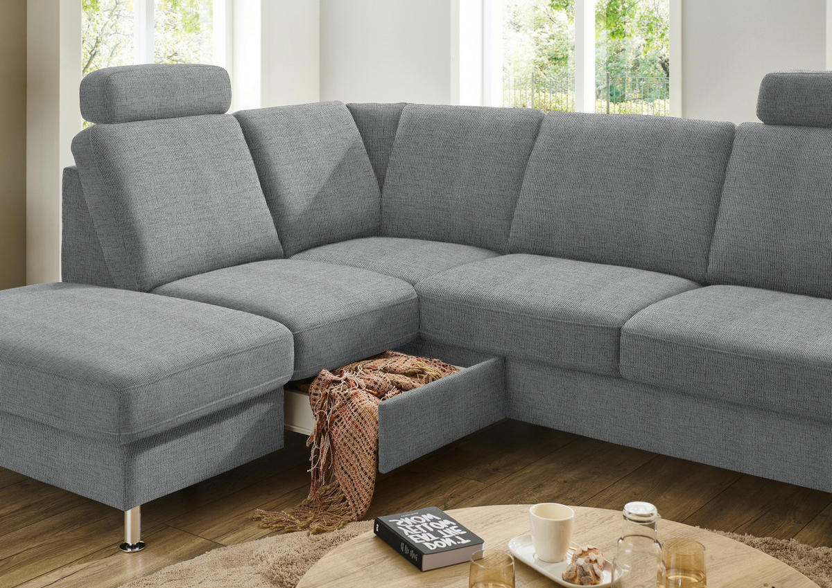 ECKSOFA in Webstoff Hellgrau  - Hellgrau/Alufarben, Konventionell, Textil/Metall (200/241cm) - Beldomo System