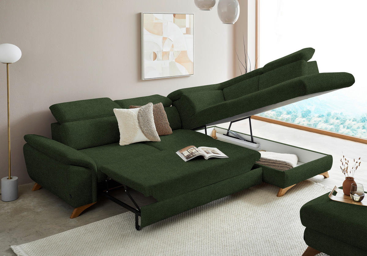 ECKSOFA in Flachgewebe Olivgrün  - Eichefarben/Olivgrün, Modern, Holz/Textil (287/212cm) - Valnatura