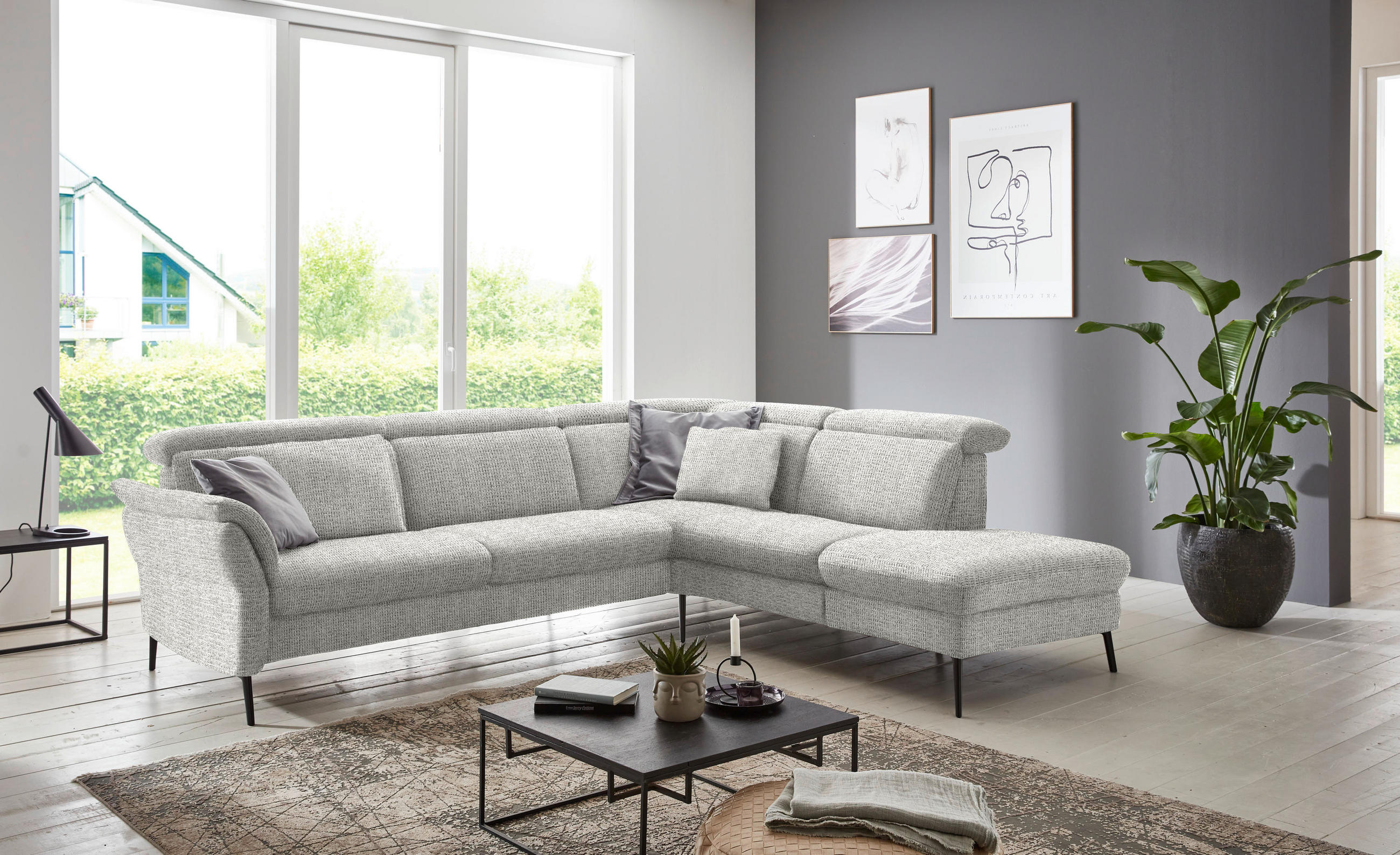 ECKSOFA in Struktur Silberfarben  - Silberfarben/Schwarz, Modern, Textil/Metall (275/235cm) - Cantus
