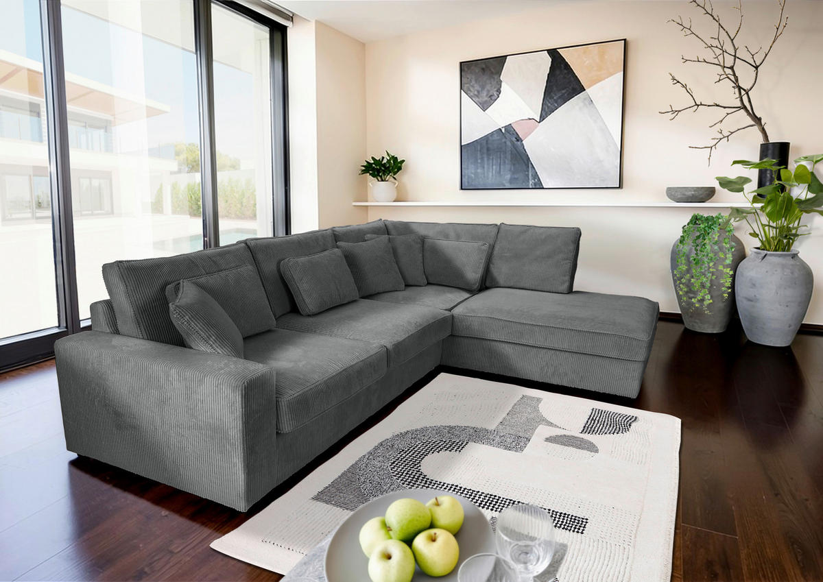ECKSOFA Dunkelgrau Cord Zierkissen, Rückenkissen, Rücken echt  - Dunkelgrau/Schwarz, MODERN, Kunststoff/Textil (307/228cm) - Carryhome