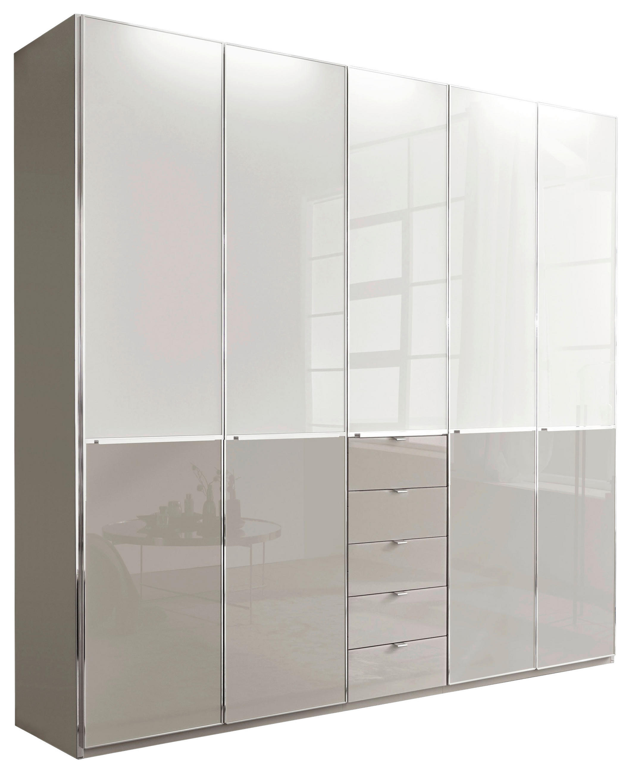 KLEIDERSCHRANK 250/236/58 cm,  in Grau, Weiß, 5-türig  - Chromfarben/Weiß, Design, Glas/Holzwerkstoff (250/236/58cm) - Novel