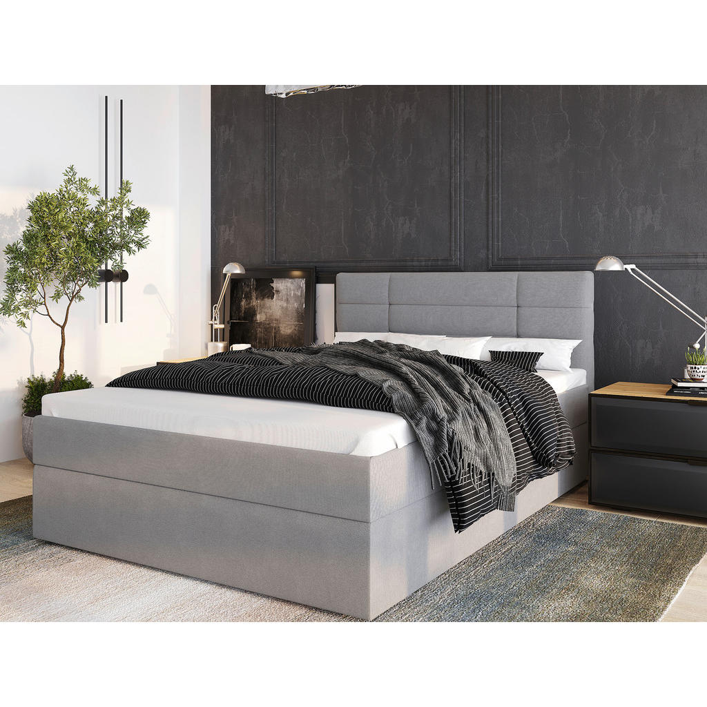 Thumbnail - Boxxx Boxbett, Grau, Textil, Kiefer, massiv, H2, Höhe ca. 18 cm, 180x200 cm, gepolstertes Kopfteil, Topper durchgehend, ...