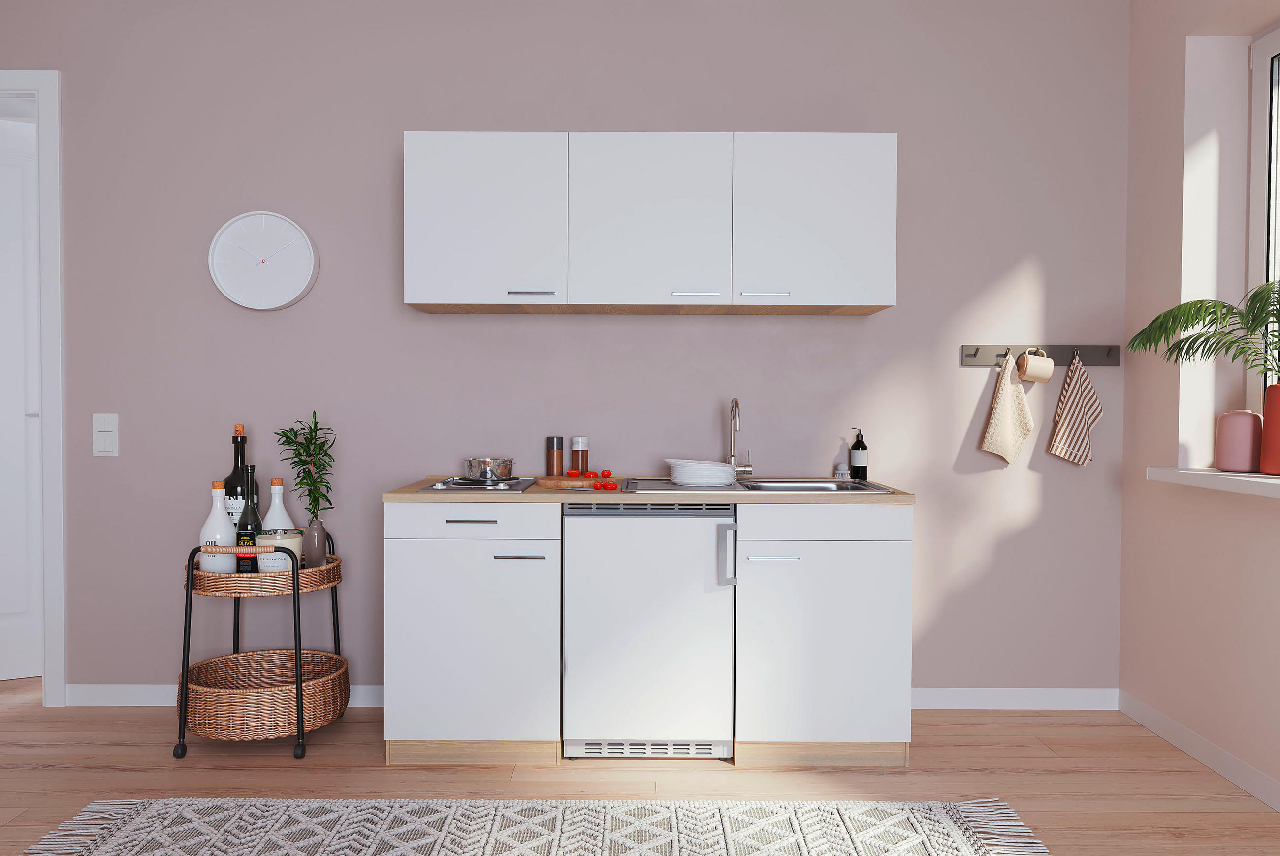 MINIKÜCHE 150 cm   in Weiß, Eichefarben  - Eichefarben/Weiß, Basics, Holzwerkstoff (150cm) - Respekta