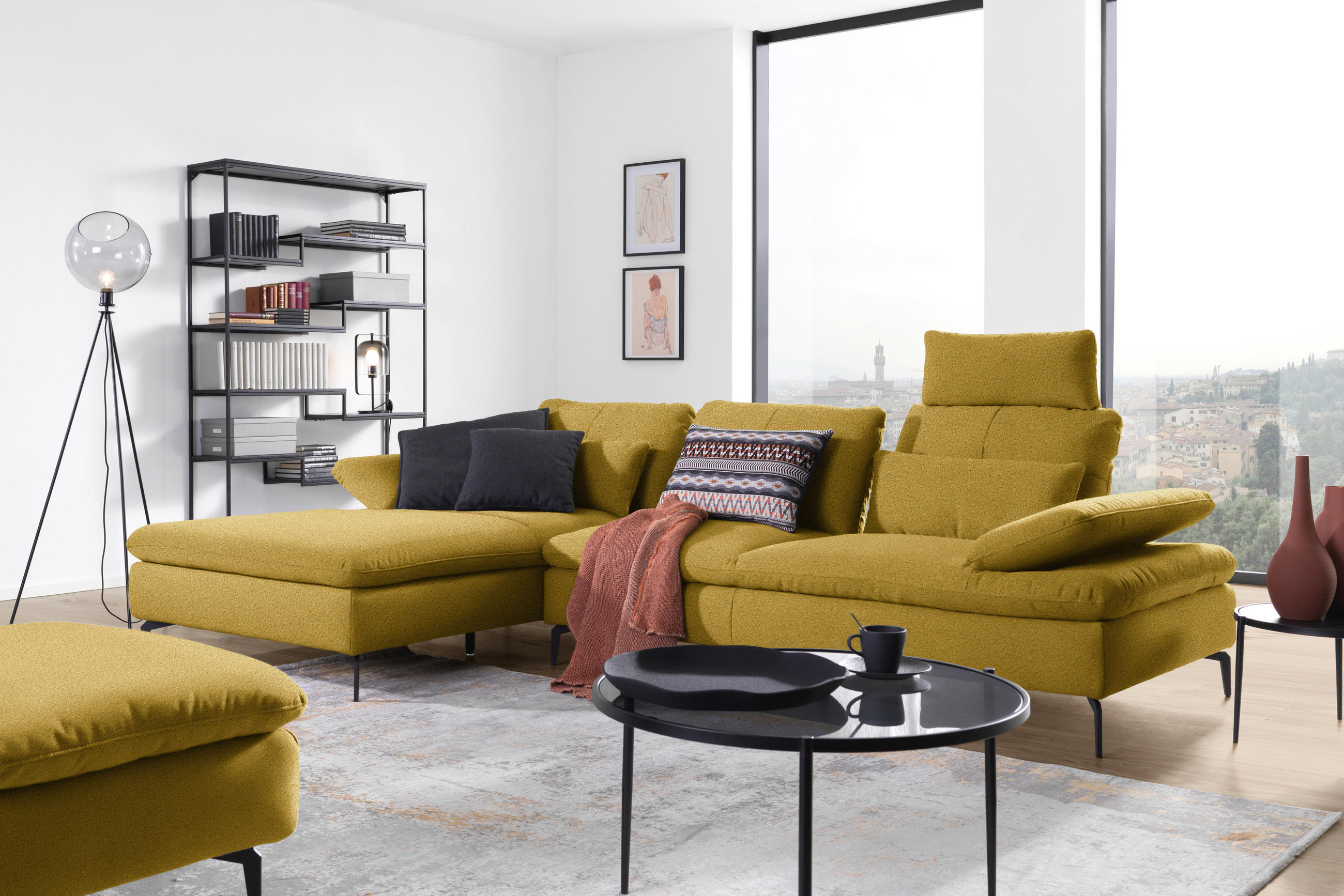 ECKSOFA in Webstoff Gelb, Hellgrün  - Gelb/Schwarz, Design, Textil/Metall (179/301cm) - Chilliano