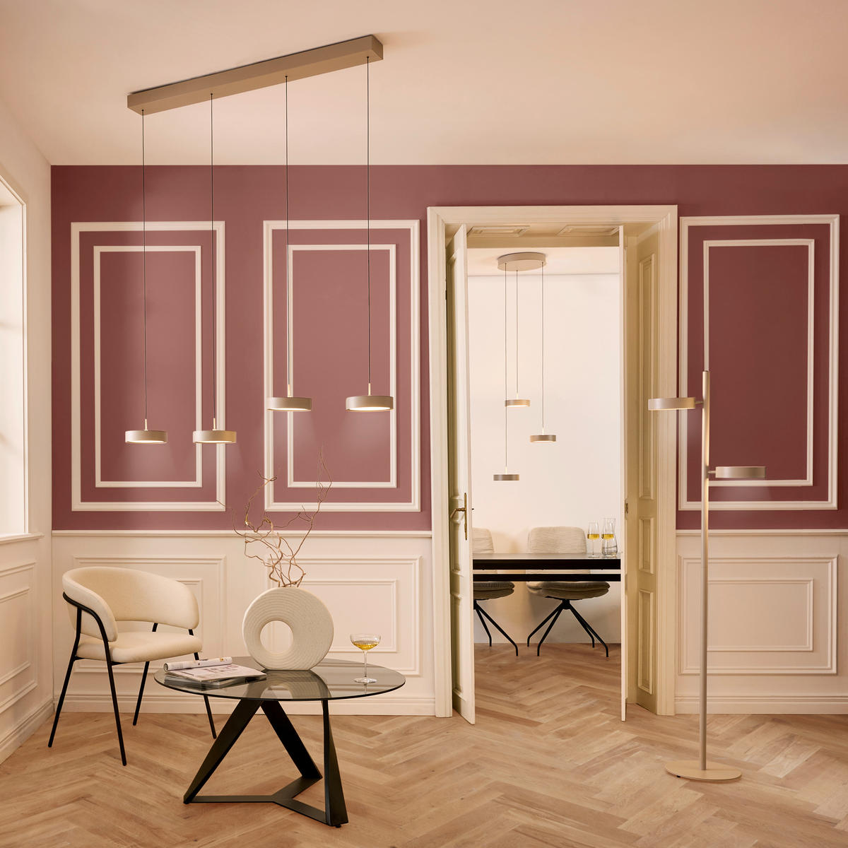 ZÁVESNÉ LED SVIETIDLO, 46.5/180 cm  - piesková, Design, kov (46.5/180cm) - Dieter Knoll