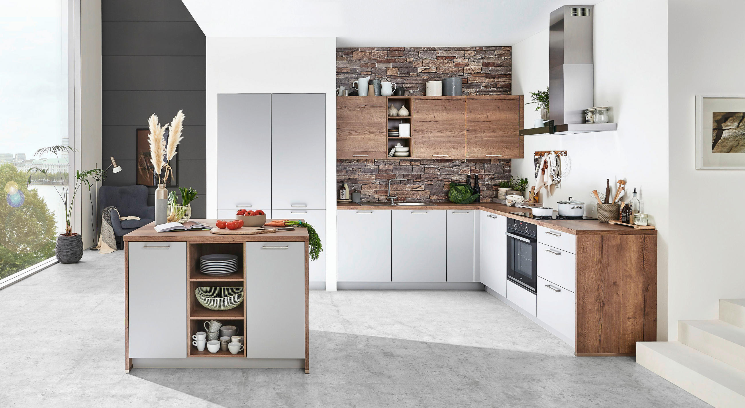 EINBAUKÜCHE 317  - Eichefarben/Grau, Design, Holzwerkstoff - Celina