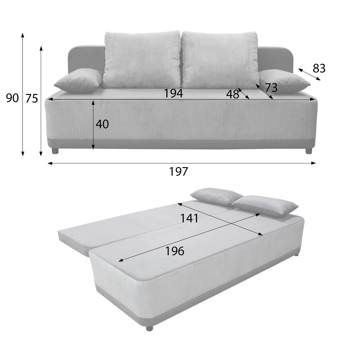 SCHLAFSOFA Velours Koralle  - Koralle/Schwarz, Design, Kunststoff/Textil (197/90/83cm) - MID.YOU