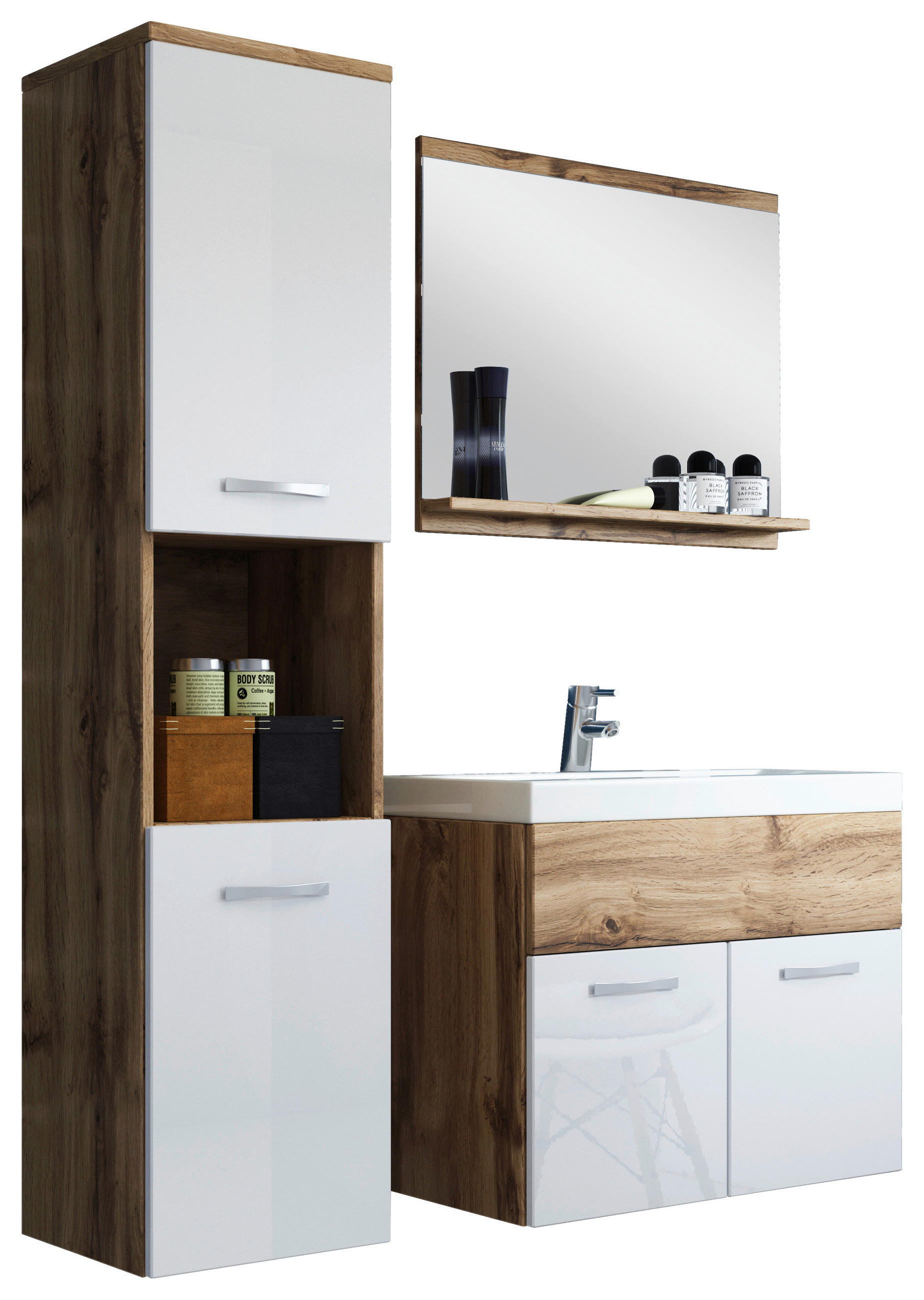 BADEZIMMER 4-teilig  in 90 cm  - Weiss Hochglanz/Weiss, Lifestyle, Holzwerkstoff/Metall (90cm) - P & B