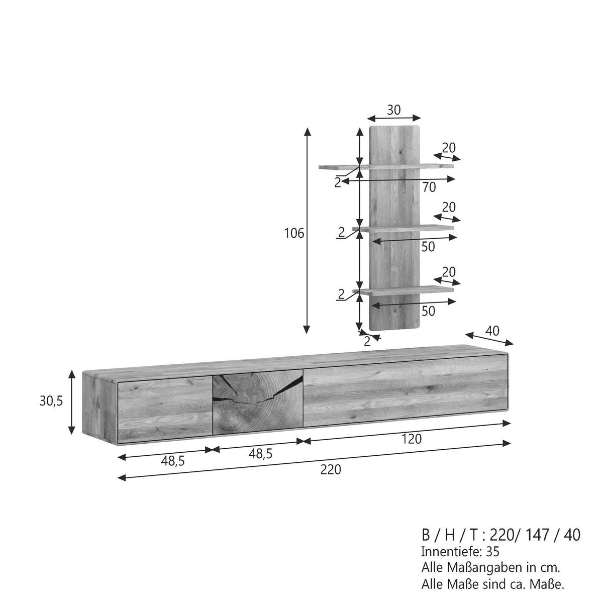 WOHNWAND 2-teilig  in Wildeiche  220/136,5/40 cm  - Wildeiche, Basics, Holz (220/136,5/40cm) - Livetastic