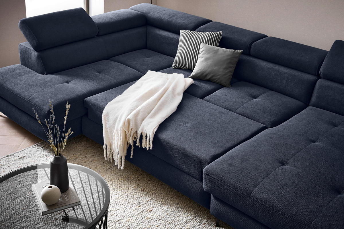 WOHNLANDSCHAFT in Flachgewebe Dunkelblau  - Schwarz/Dunkelblau, MODERN, Textil/Metall (206/333/180cm) - Stylife
