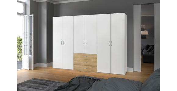 KLEIDERSCHRANK in Weiß, Eichefarben - Eichefarben/Silberfarben, Design, Holzwerkstoff (303/215/59cm) - Carryhome