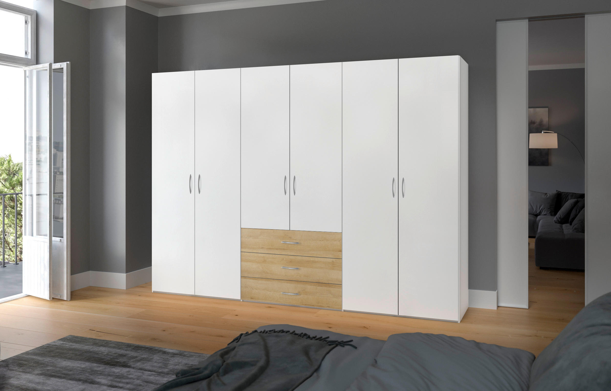 KLEIDERSCHRANK 303/215/59 cm 6-türig Weiß, Eichefarben  - Eichefarben/Silberfarben, Design, Holzwerkstoff (303/215/59cm) - Boxxx