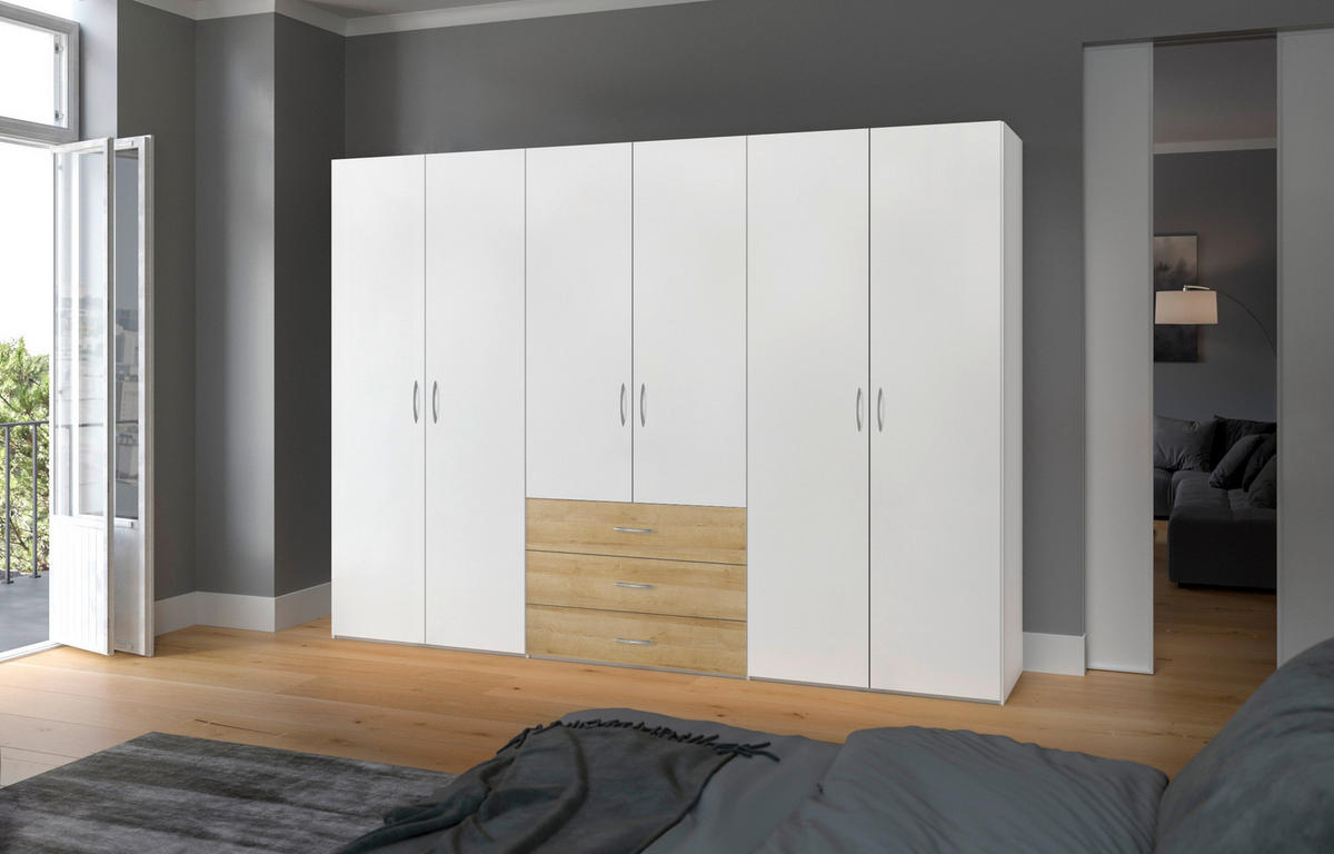 KLEIDERSCHRANK 303/215/59 cm 6-türig Weiß, Eichefarben  - Eichefarben/Silberfarben, Design, Holzwerkstoff (303/215/59cm) - Boxxx