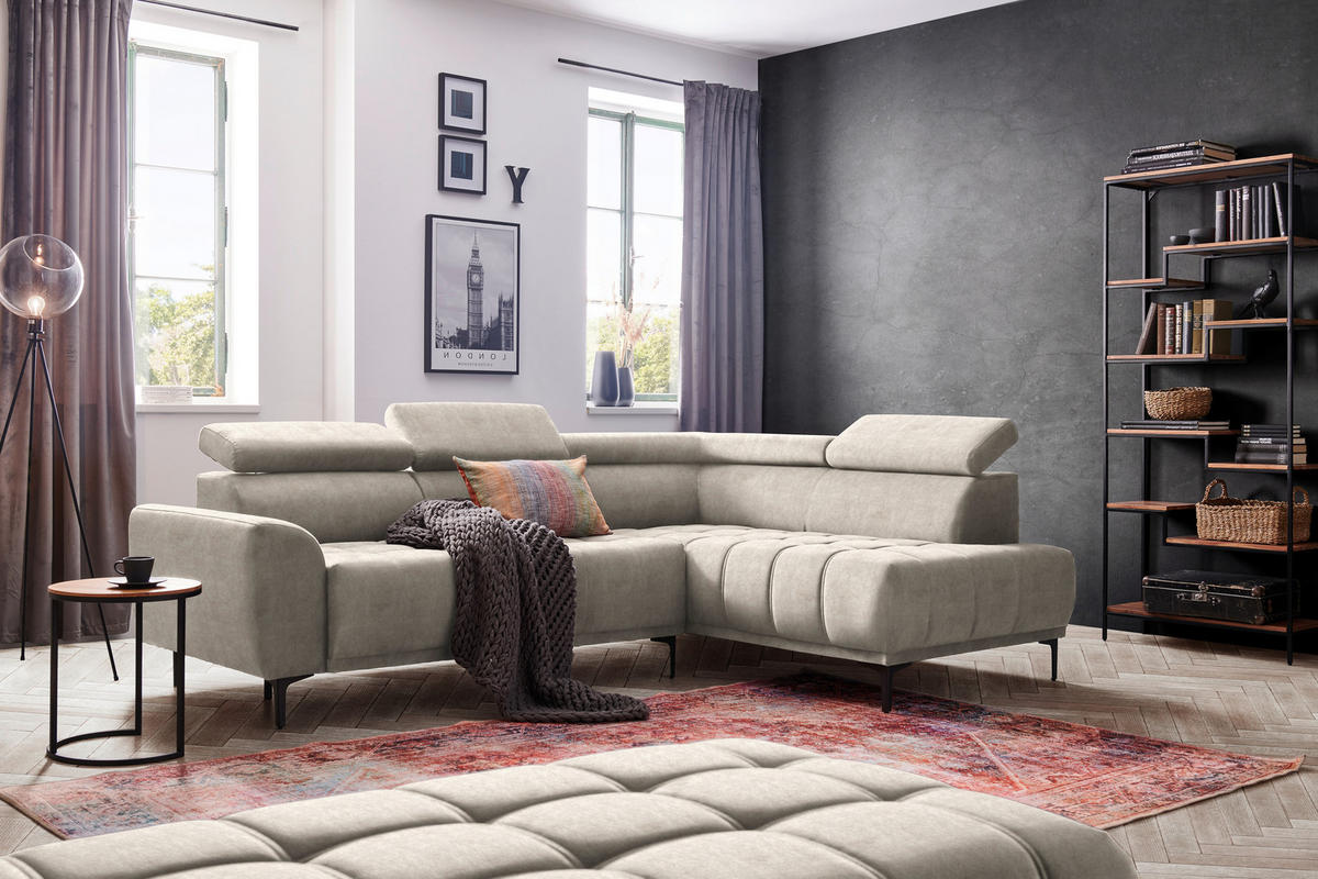 ECKSOFA in Velours Beige  261/191 cm  - Beige/Schwarz, Design, Textil/Metall (261/191cm) - Stylife