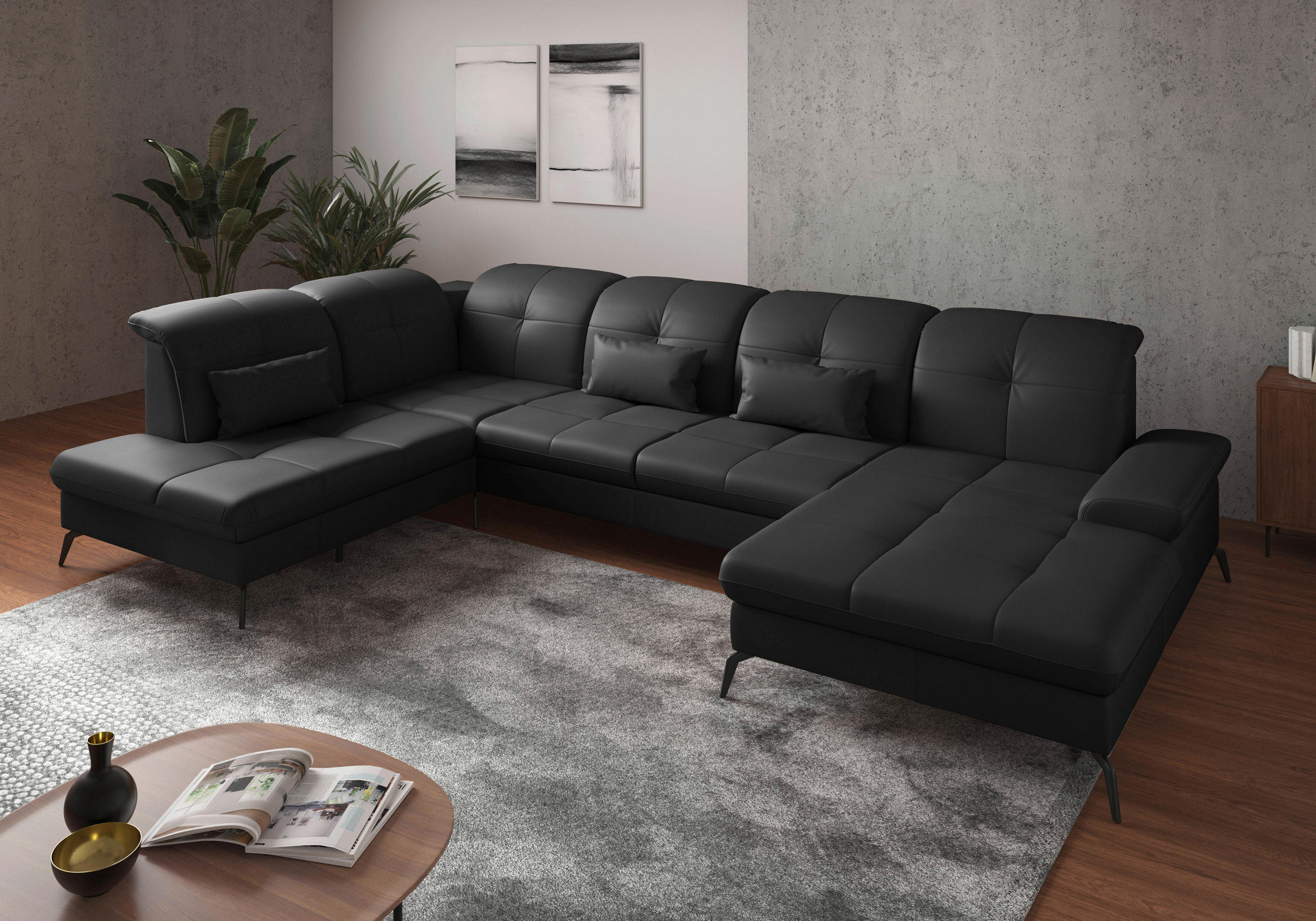 WOHNLANDSCHAFT in Vliesstoff Kombination Echtleder/Stoff Schwarz  - Schwarz, Konventionell, Leder/Textil (231/357/185cm) - Sit & More
