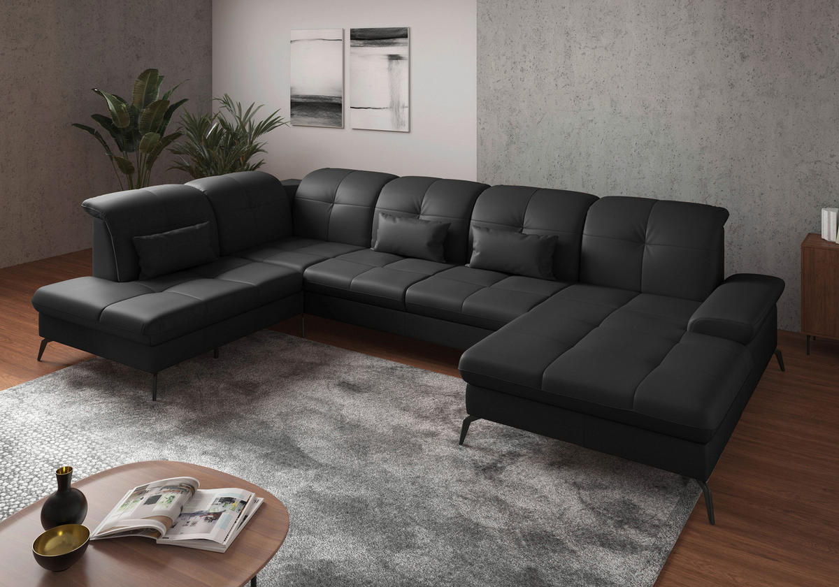 WOHNLANDSCHAFT in Vliesstoff Kombination Echtleder/Stoff Schwarz  - Schwarz, Konventionell, Leder/Textil (231/357/185cm) - Sit & More