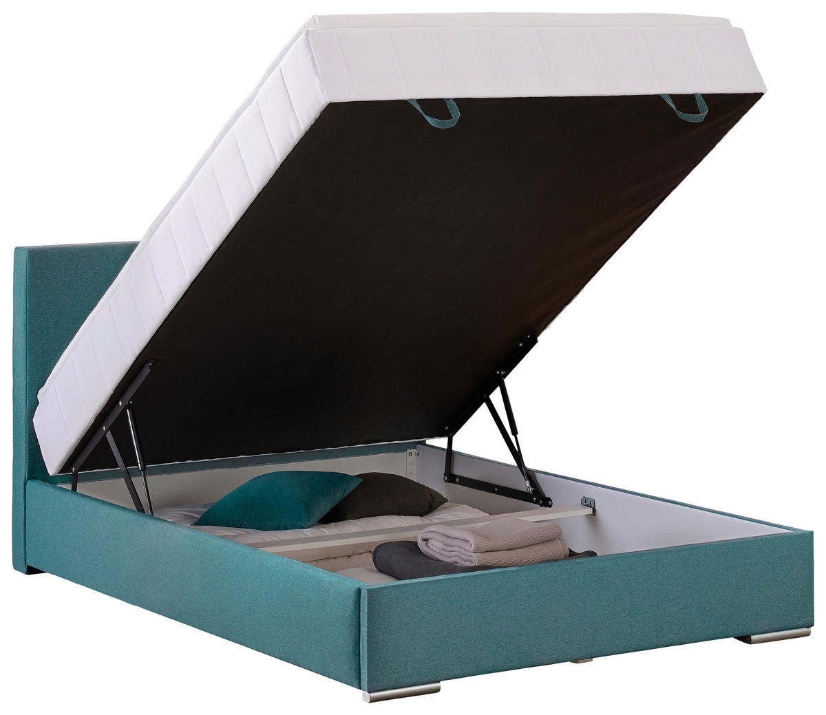 BOXBETT 90/200 cm,  in Petrol, Matratze, Bettkasten, Topper, H3 = fest  - Chromfarben/Petrol, KONVENTIONELL, Kunststoff/Textil (90/200cm) - Boxxx