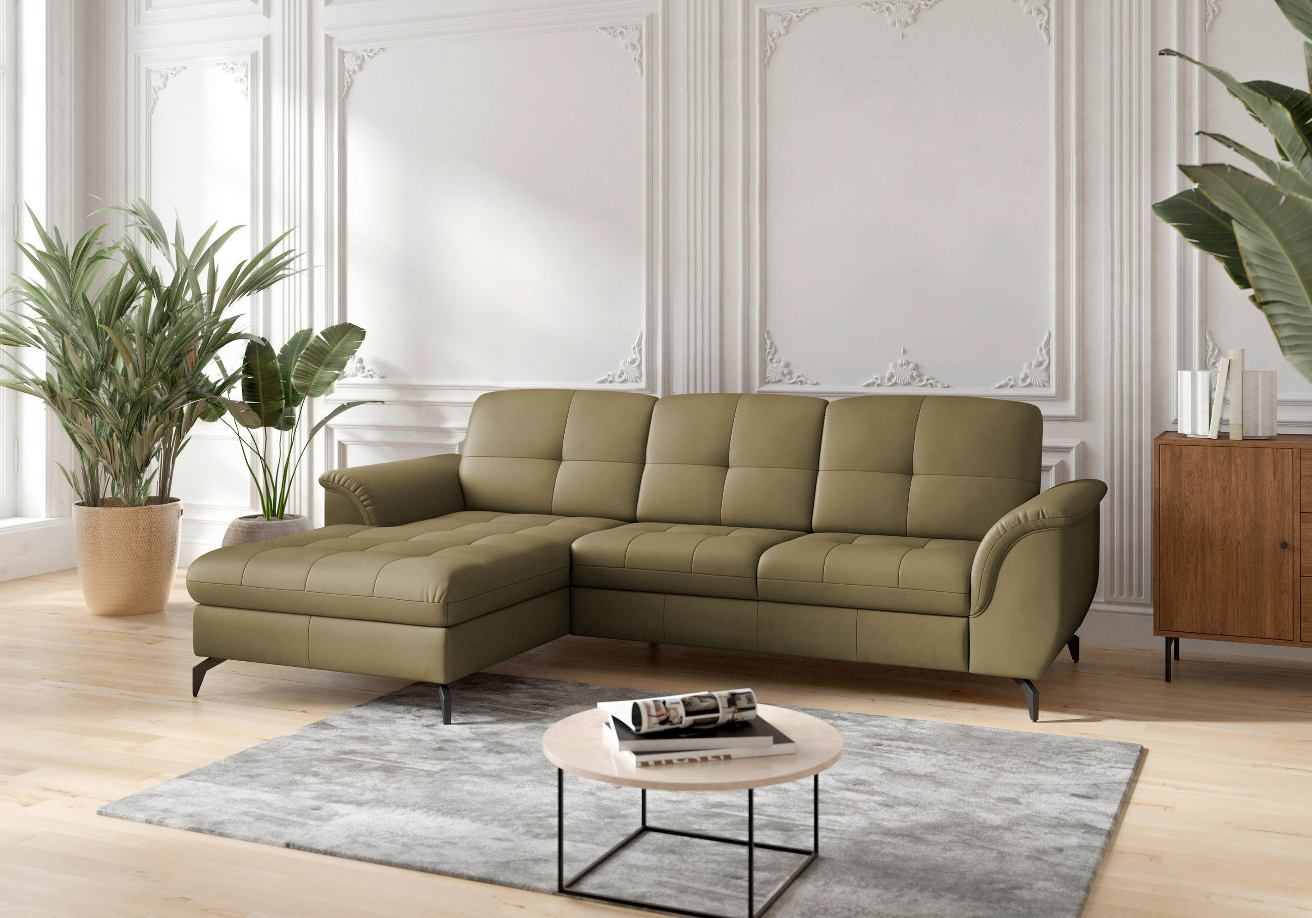ECKSOFA ZORA E Olivgrün Echtleder  - Schwarz/Olivgrün, MODERN, Leder/Metall (164/262cm) - Sit & More