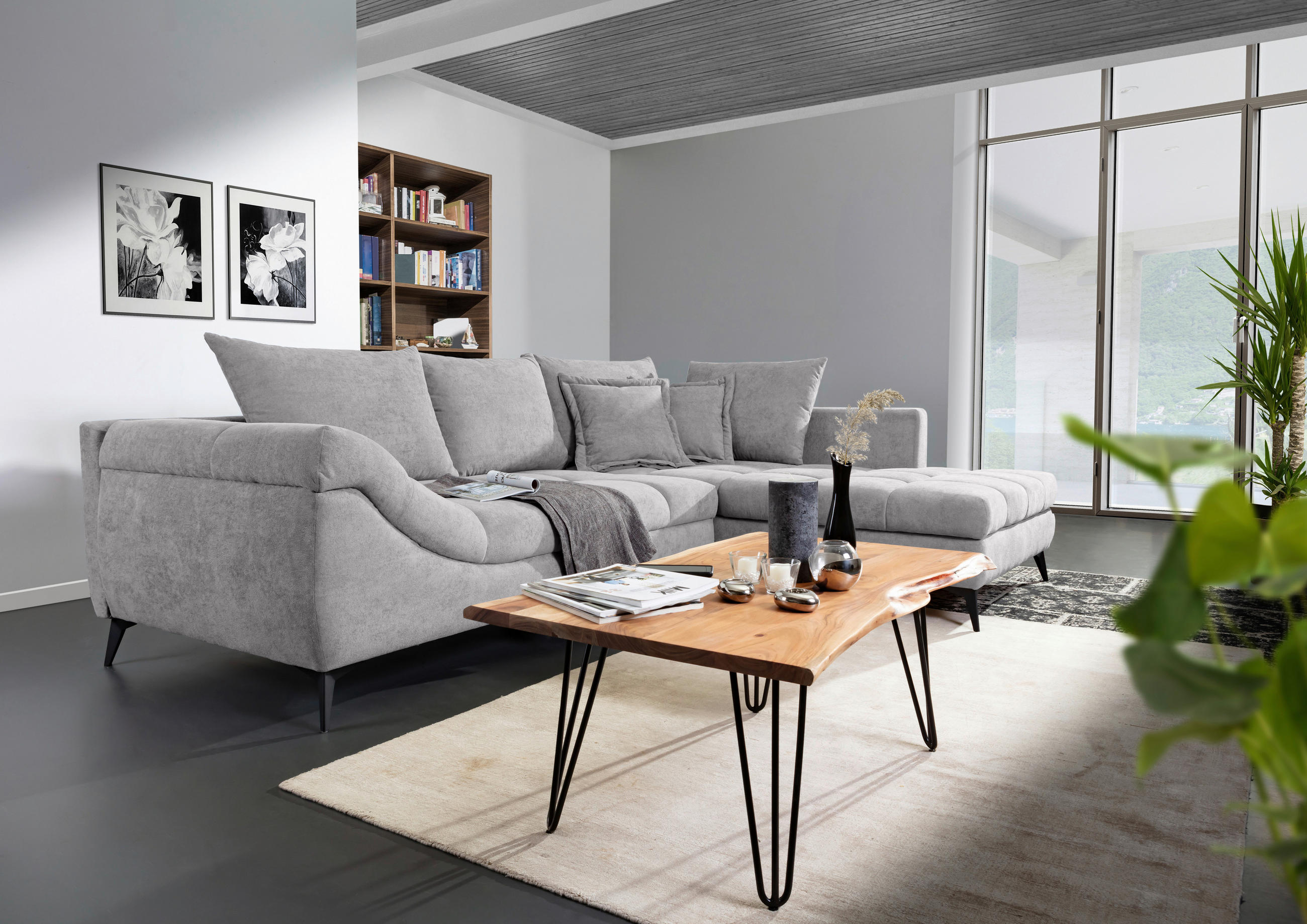 ECKSOFA in Flachgewebe Hellgrau  - Hellgrau/Schwarz, Design, Textil/Metall (307/224cm) - Stylife