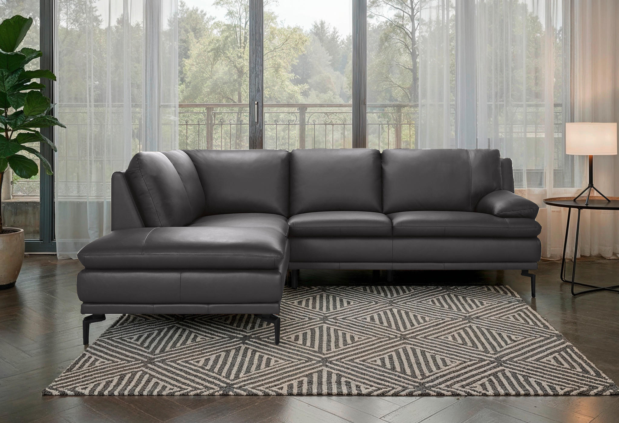 ECKSOFA Grau Echtleder  - Schwarz/Grau, Design, Leder (221/248cm) - MID.YOU