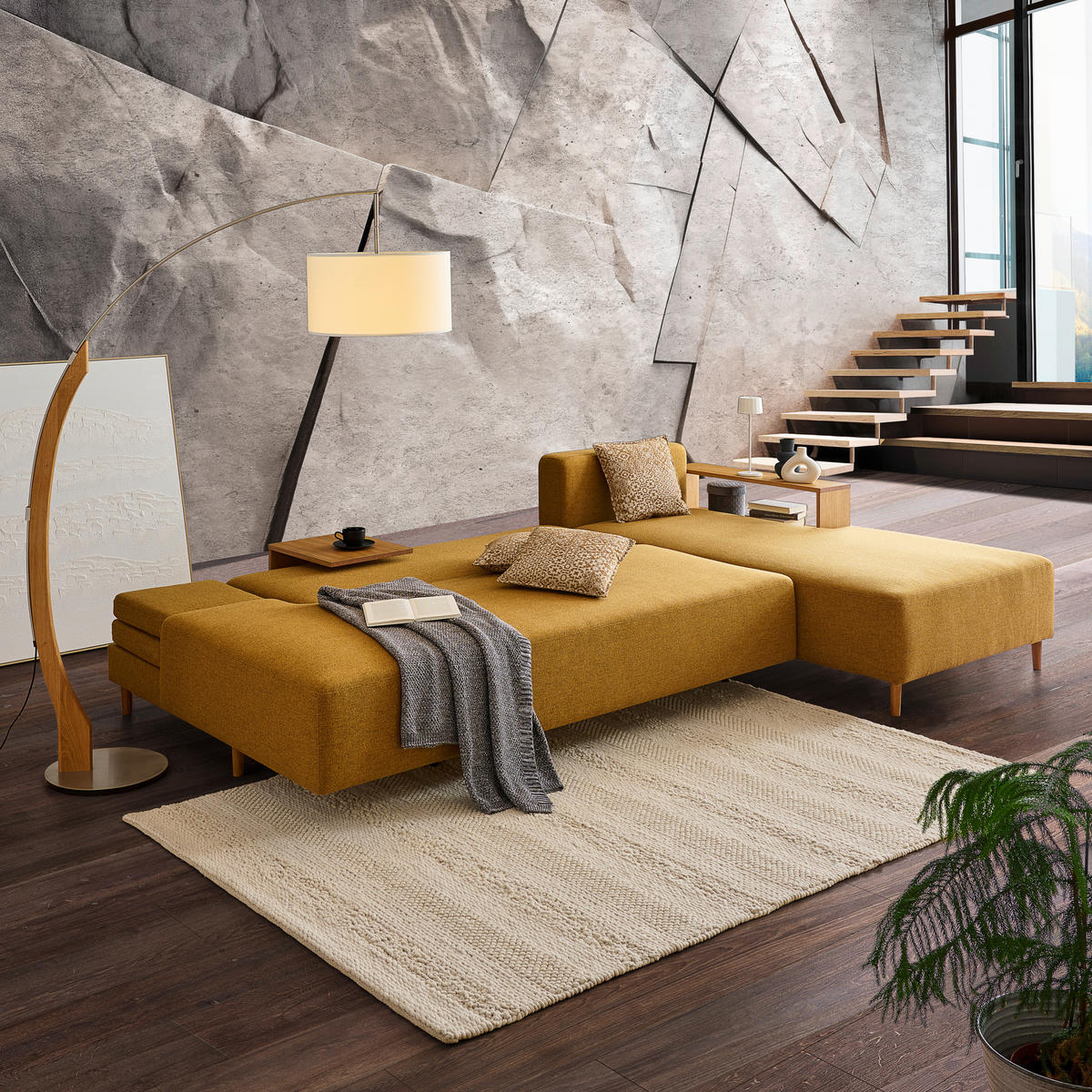 ECKSOFA in Flachgewebe Gelb  - Eichefarben/Gelb, Design, Holz/Textil (307/190cm) - Joka