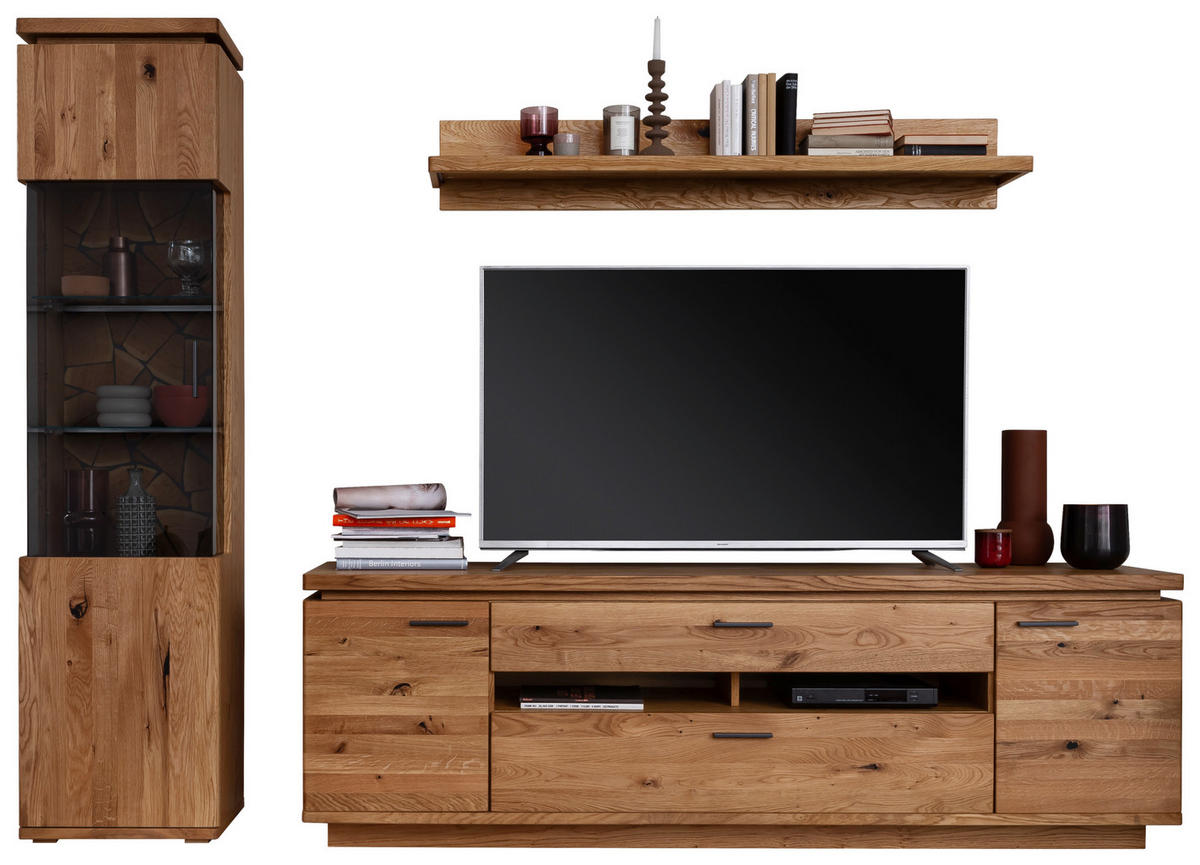 WOHNWAND 3-teilig  in Grau, Eichefarben 275/204/50 cm  - Eichefarben/Anthrazit, Natur, Glas/Holz (275/204/50cm) - Linea Natura