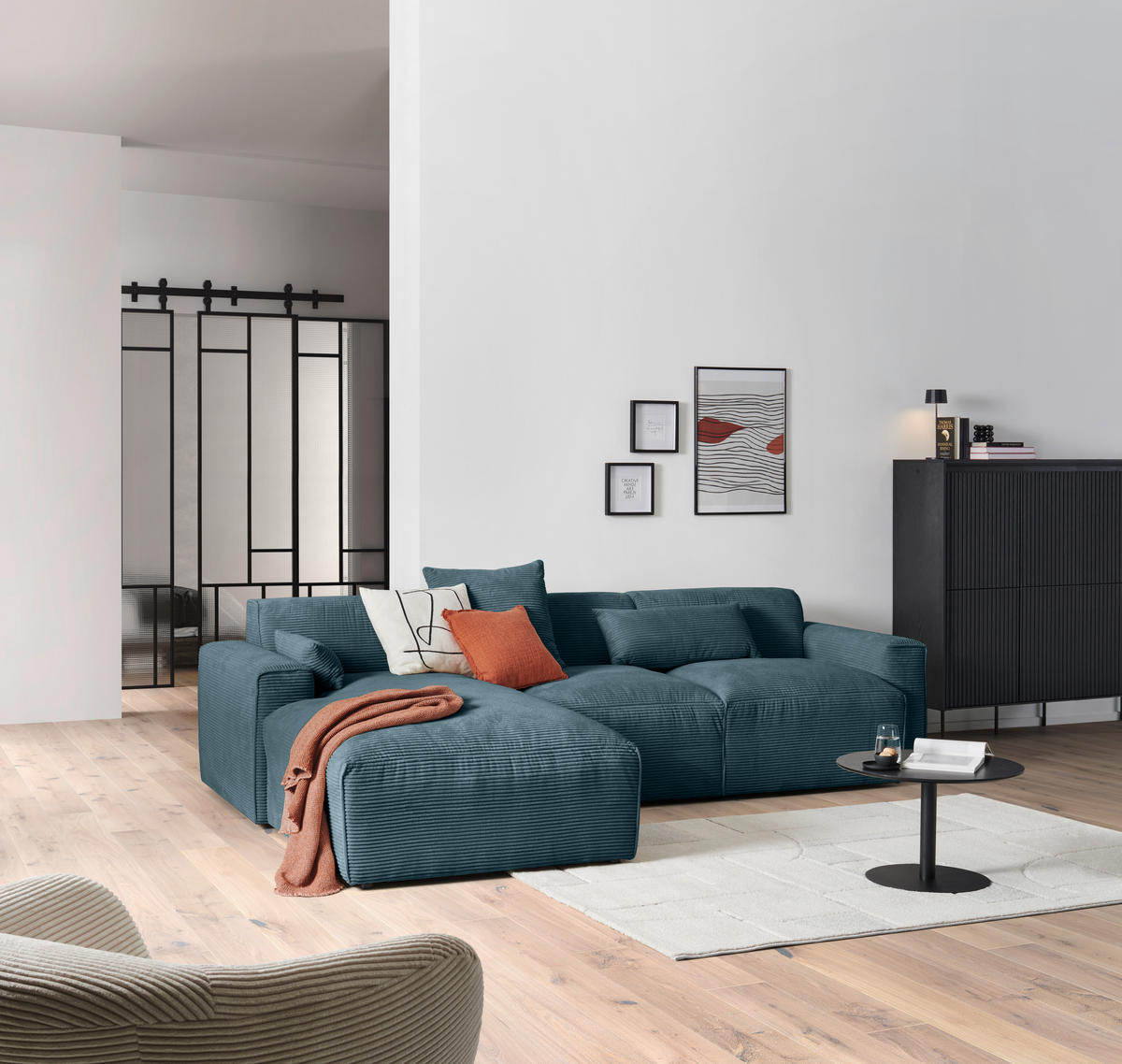 ECKSOFA Petrol Cord  - Petrol/Schwarz, Design, Kunststoff/Textil (196/303cm) - Livetastic