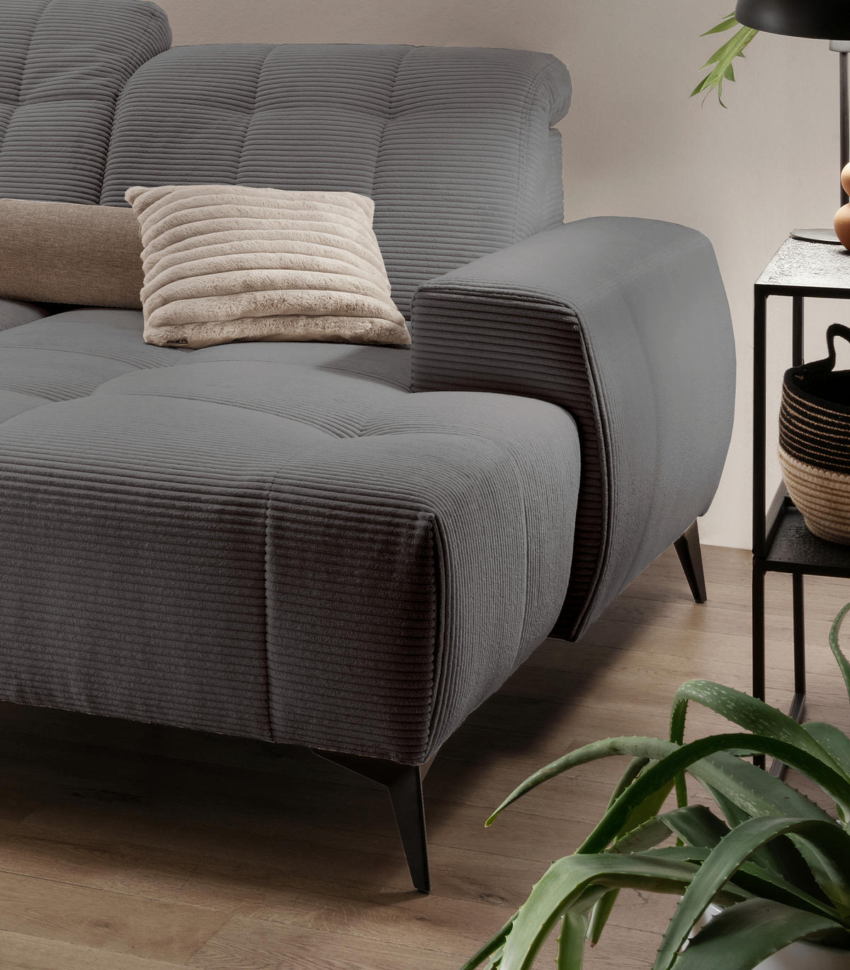 WOHNLANDSCHAFT Cord Grau  - Schwarz/Grau, Modern, Textil/Metall (200/337/180cm) - Livetastic