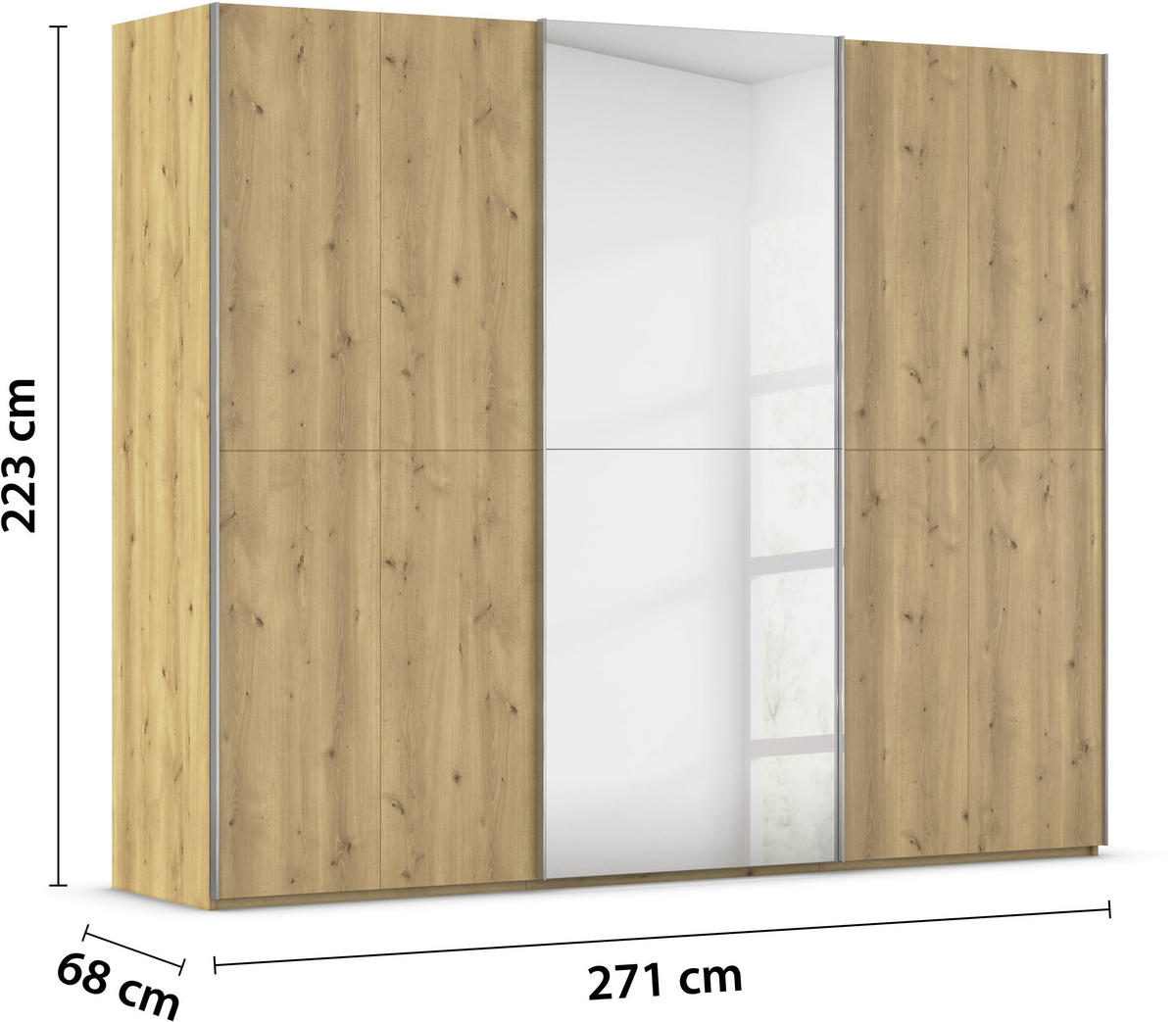 SCHWEBETÜRENSCHRANK 270/223/68 cm 3-türig Eichefarben, Chromfarben  - Chromfarben/Eichefarben, Design, Holz/Holzwerkstoff (270/223/68cm) - Novel