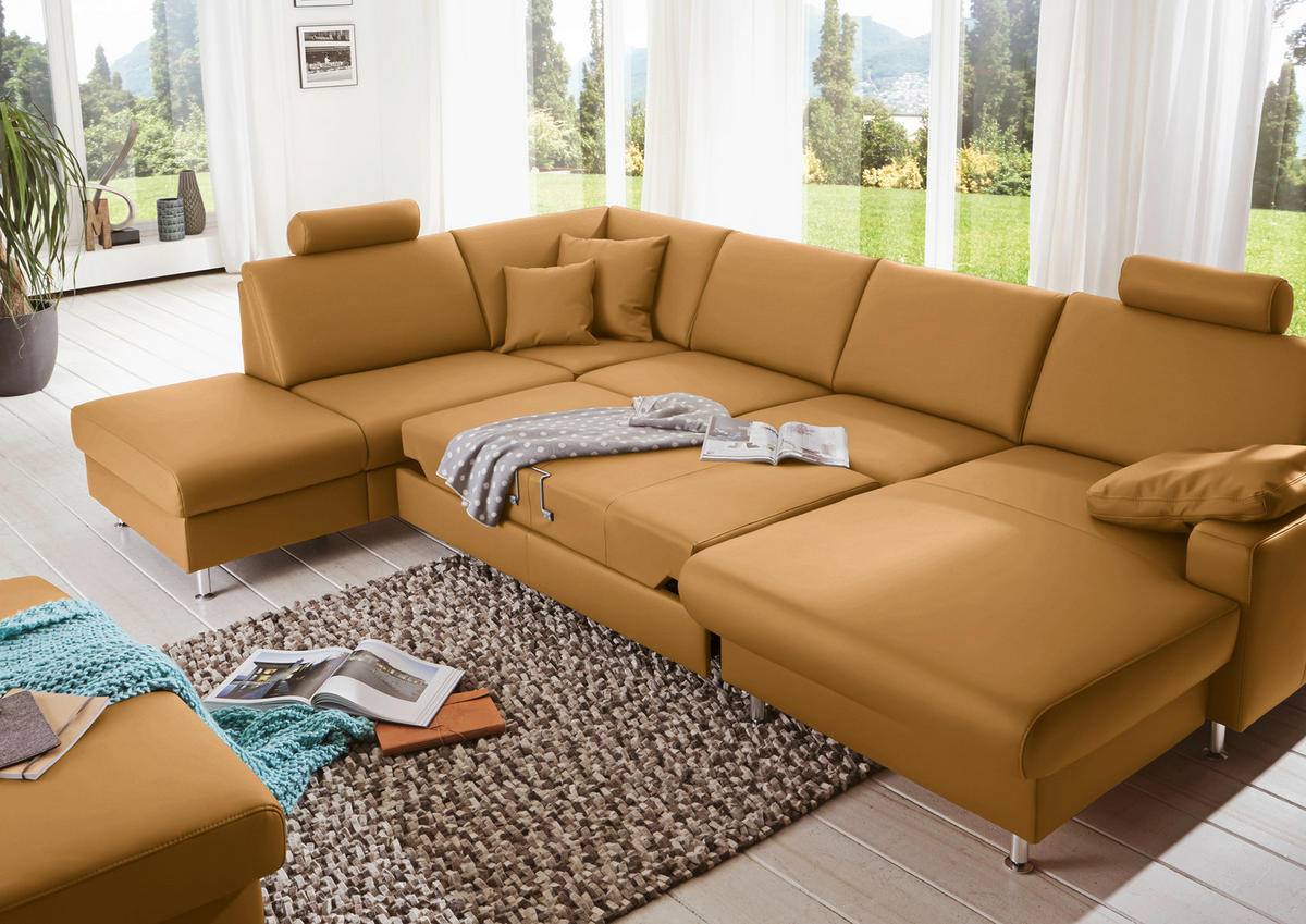 WOHNLANDSCHAFT in Echtleder Gelb  - Gelb/Alufarben, Design, Leder/Metall (233/339/165cm) - Beldomo Premium