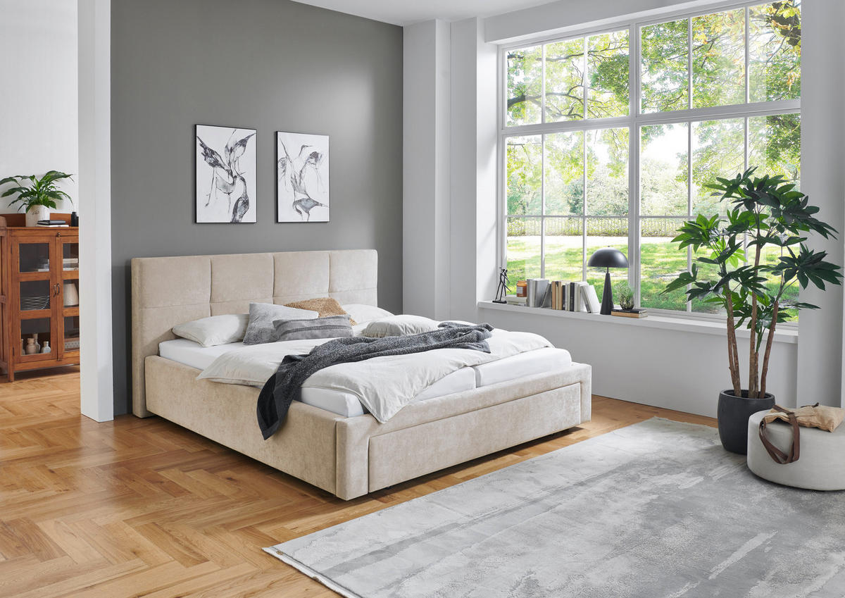 POLSTERBETT 180/200 cm,  in Beige, Bettschublade,  - Beige/Schwarz, Design, Kunststoff/Textil (180/200cm) - Stylife