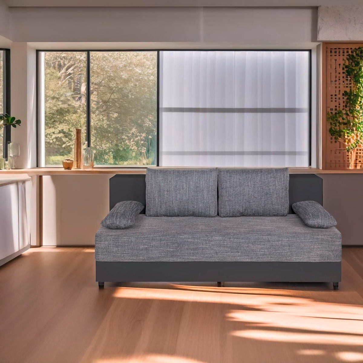 SCHLAFSOFA  mit Schlafen auf Sitzhöhe Lederlook, Webstoff Grau  - Schwarz/Grau, Design, Kunststoff/Textil (200/90/103cm) - P & B