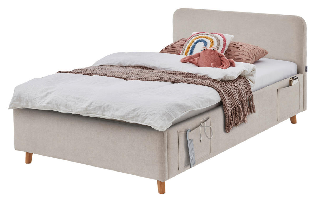 POLSTERBETT 120/200 cm,  in Eichefarben, Beige, Lattenrost, Bettkasten, Betttasche,  - Eichefarben/Birkefarben, KONVENTIONELL, Holz/Textil (120/200cm) - Boxxx