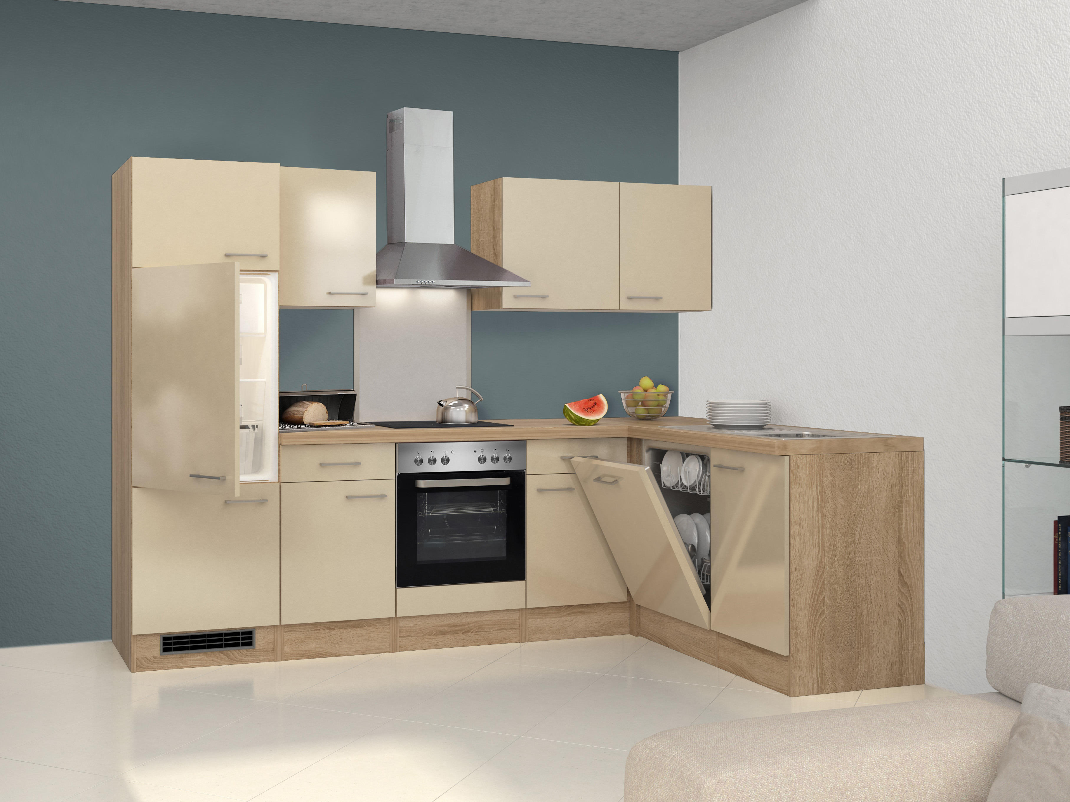 Eckküche Küchenzeile L Form Winkelküche mit Geräten 270 x 170 cm creme beige 