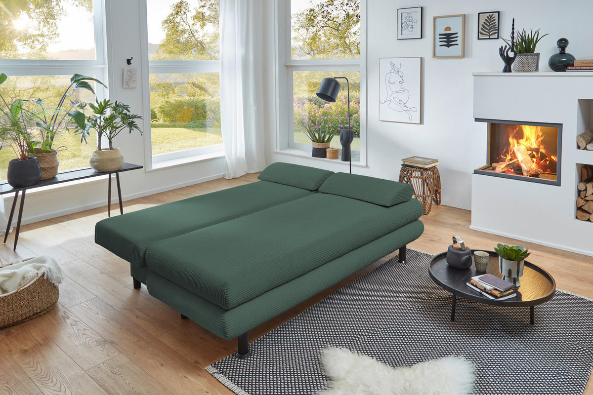 SCHLAFSOFA Cord Grün  inkl. Rückenkissen, Armlehnenkissen, Bettkasten, Schlaffunktion, Rücken echt, Liegefläche im Originalstoff  - Schwarz/Grün, KONVENTIONELL, Kunststoff/Textil (196/77/92cm) - Carryhome