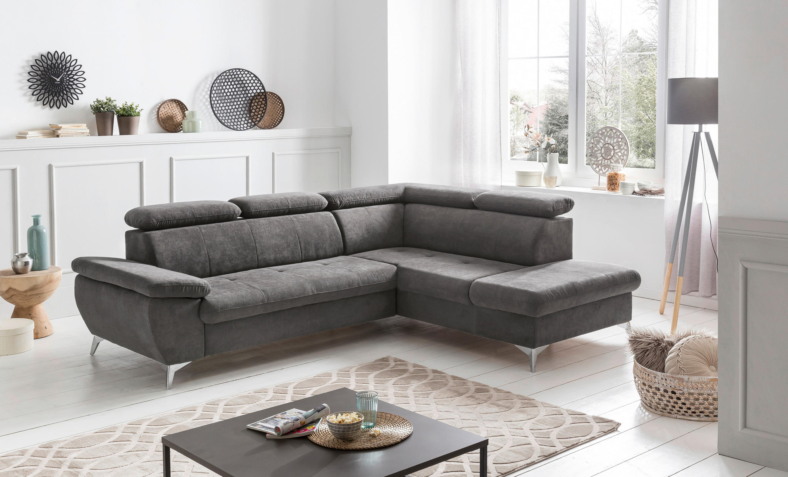 ECKSOFA in Mikrofaser Grau  - Chromfarben/Grau, Konventionell, Textil/Metall (256/209cm) - Livetastic