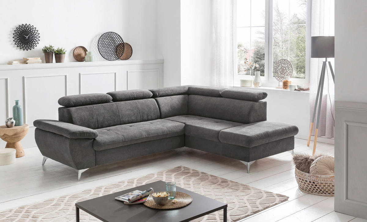 ECKSOFA in Mikrofaser Grau  - Chromfarben/Grau, Konventionell, Textil/Metall (256/209cm) - Livetastic