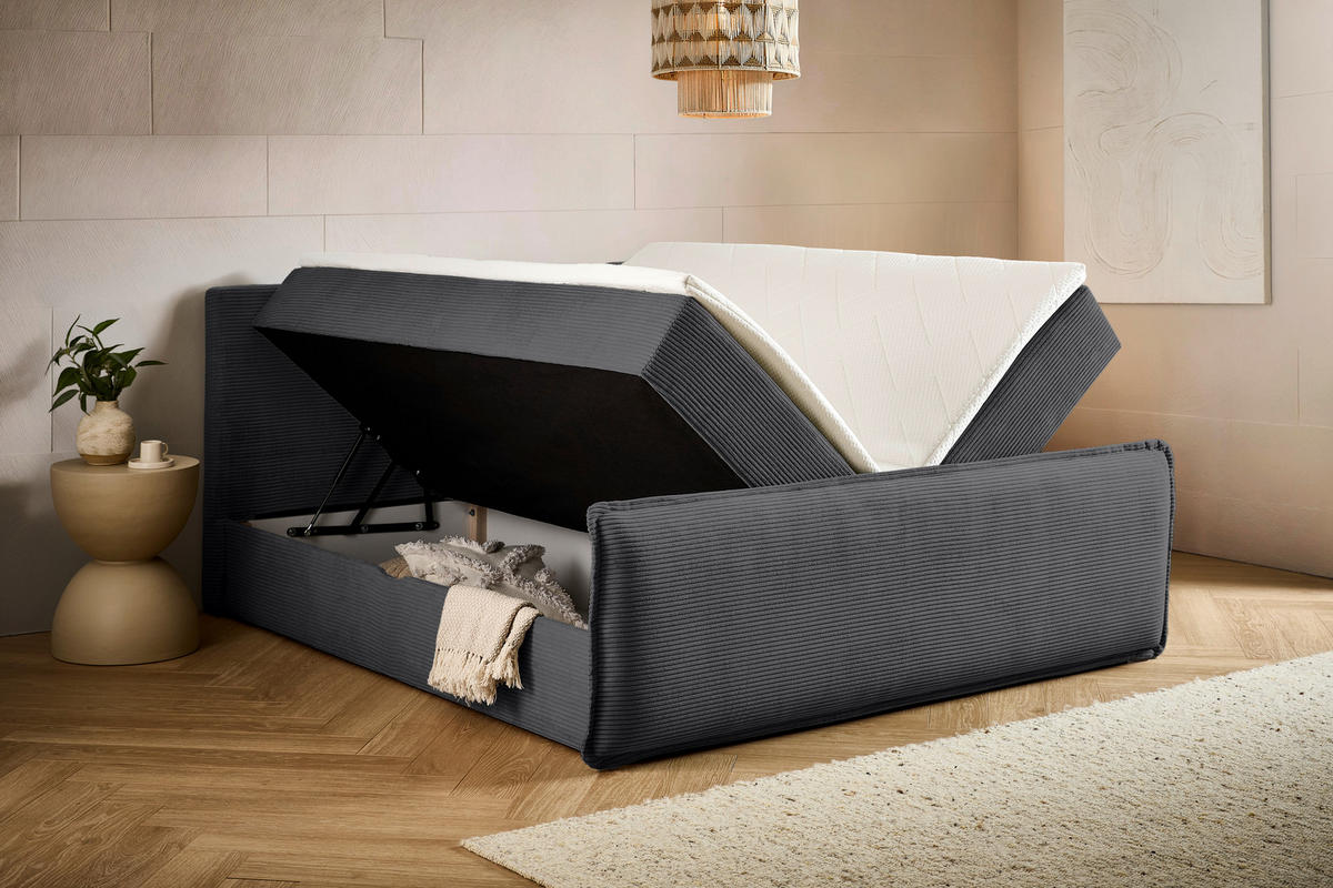 BOXBETT 180/200 cm,  in Anthrazit, Kissen, Bettkasten, Topper, H3 + H3 = fest  - Anthrazit/Schwarz, Design, Kunststoff/Textil (180/200cm) - Chameo