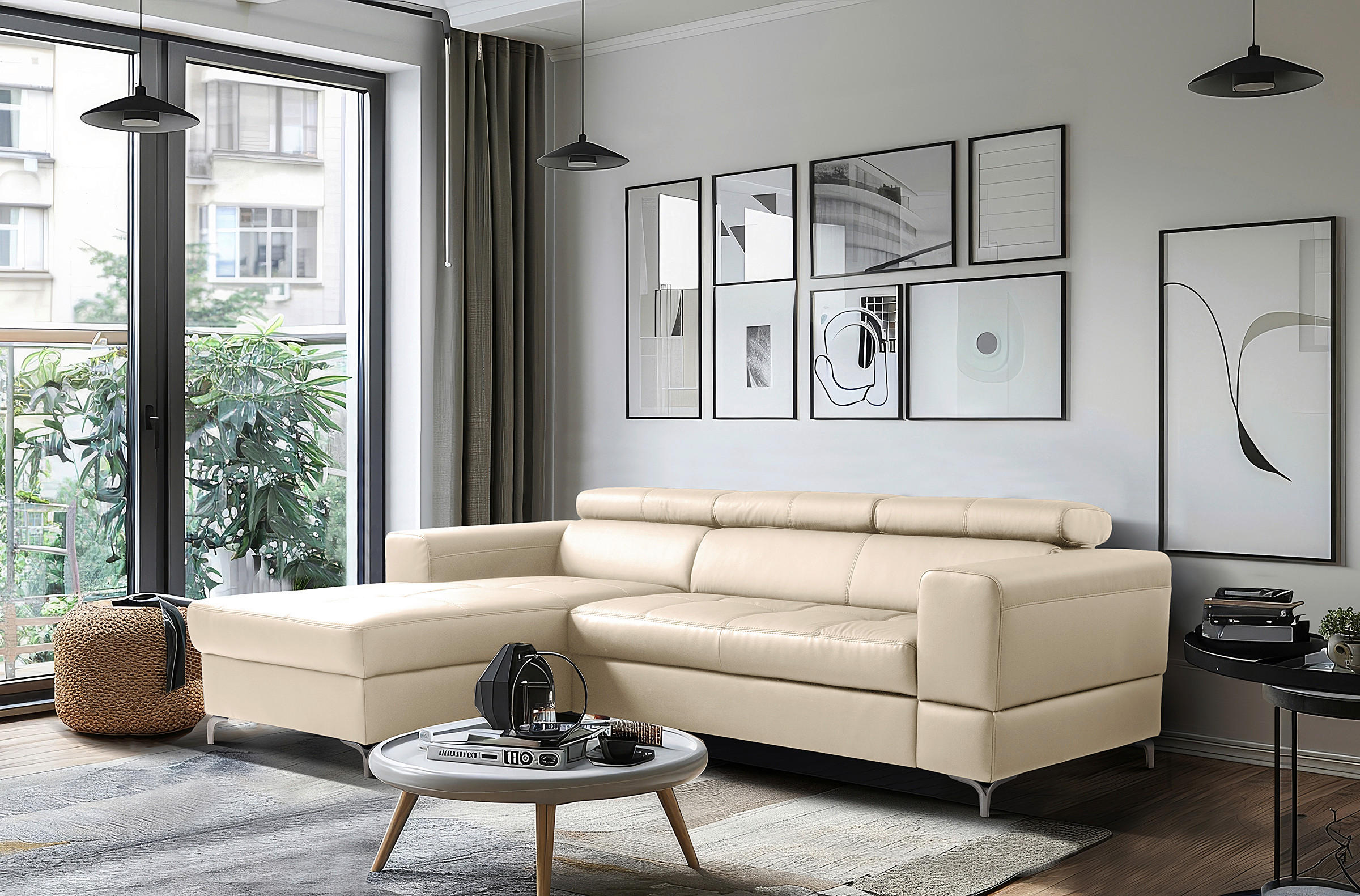 ECKSOFA Grau Echtleder Lederlook Bettkasten, Schlaffunktion, Rücken echt, Kopfteilverstellung  - Schwarz/Grau, Design, Leder/Textil (173/247cm) - Livetastic