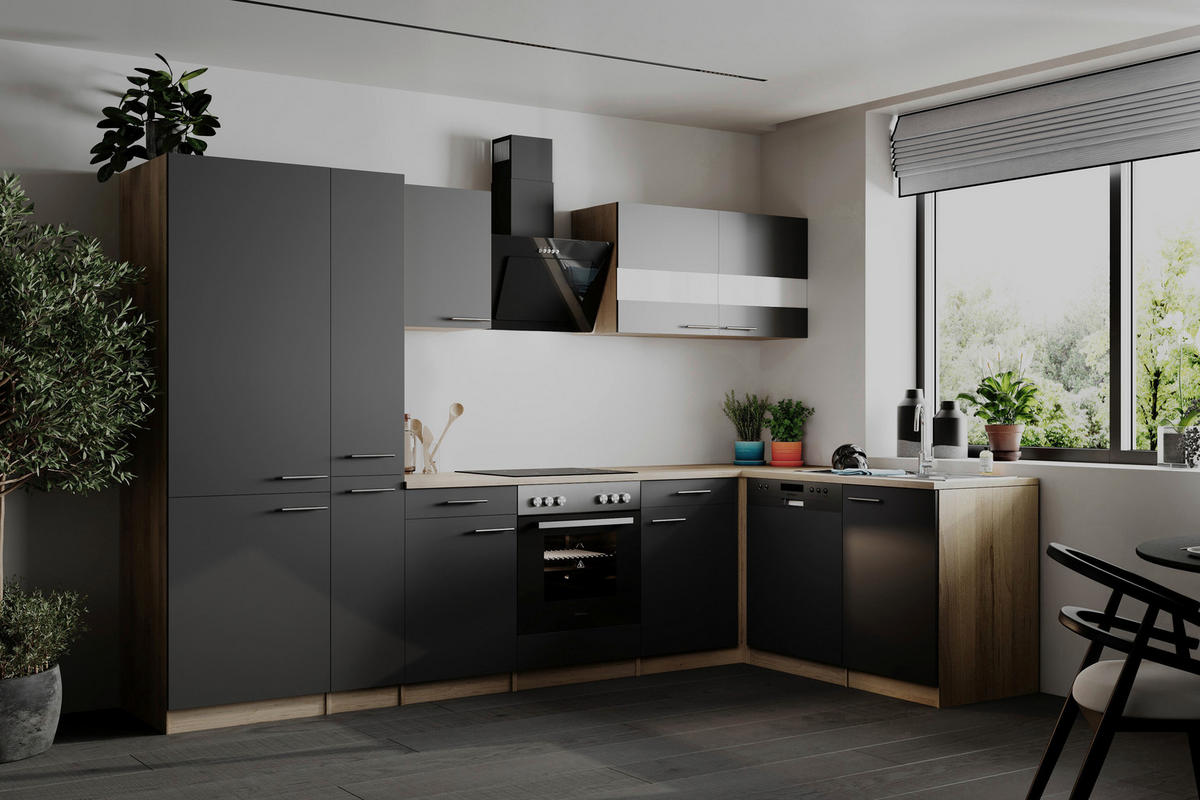 ECKKÜCHE  in Grau  - Edelstahlfarben/Eichefarben, Basics, Holzwerkstoff/Metall (310cm) - Respekta