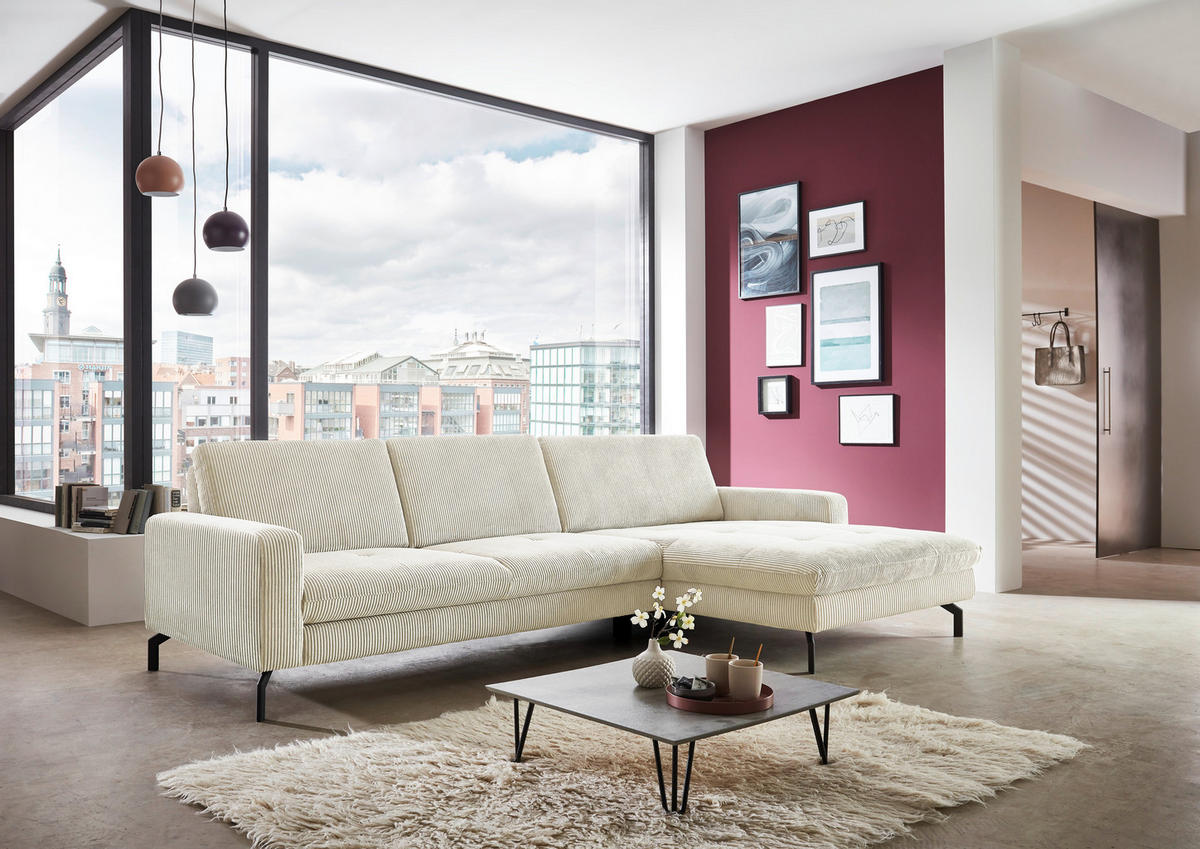 ECKSOFA in Cord Creme  - Creme/Schwarz, Design, Textil/Metall (302/178cm) - Beldomo Style