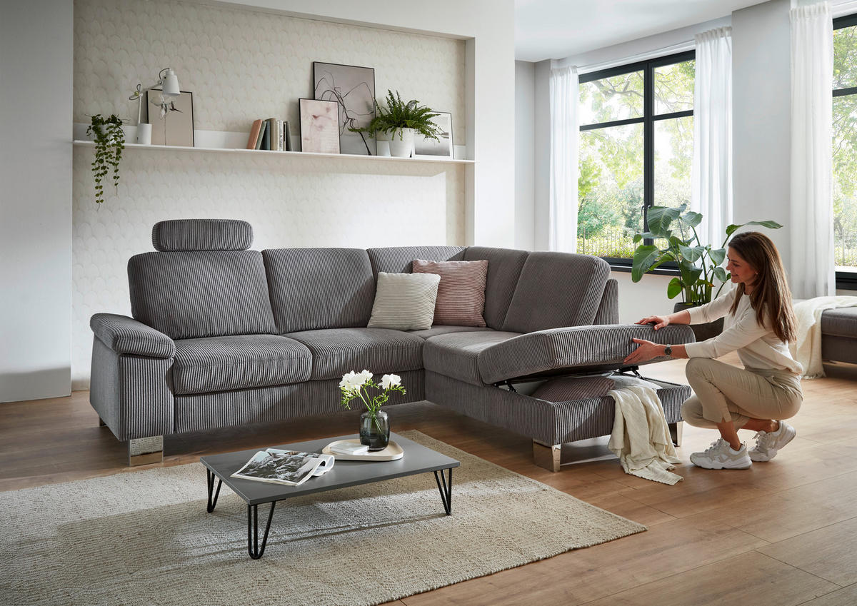 ECKSOFA in Cord Anthrazit  - Edelstahlfarben/Anthrazit, Konventionell, Textil/Metall (248/200cm) - Beldomo System